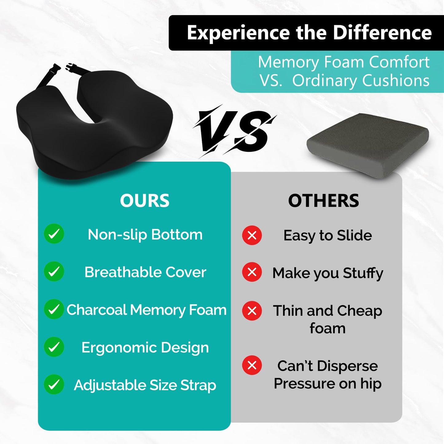 Comfidur Seat Cushion - High-Density Charcoal Memory Foam Office Chair Cushion with Adjustable Strap & Washable Non-Slip Cover | Supports Sitting Posture for Office, Car & Home