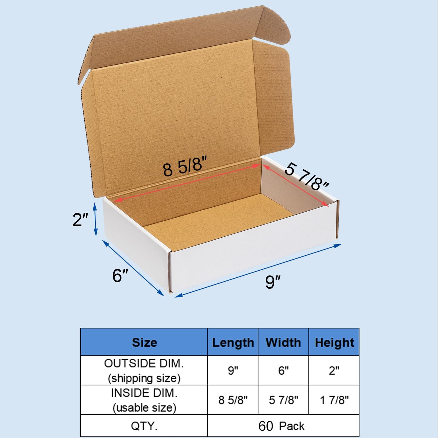Wowxyz Shipping Boxes 9x6x2" 60 Pack - White Corrugated Cardboard Mailing Box for Small Business - Literature Mailer Packaging Supplies