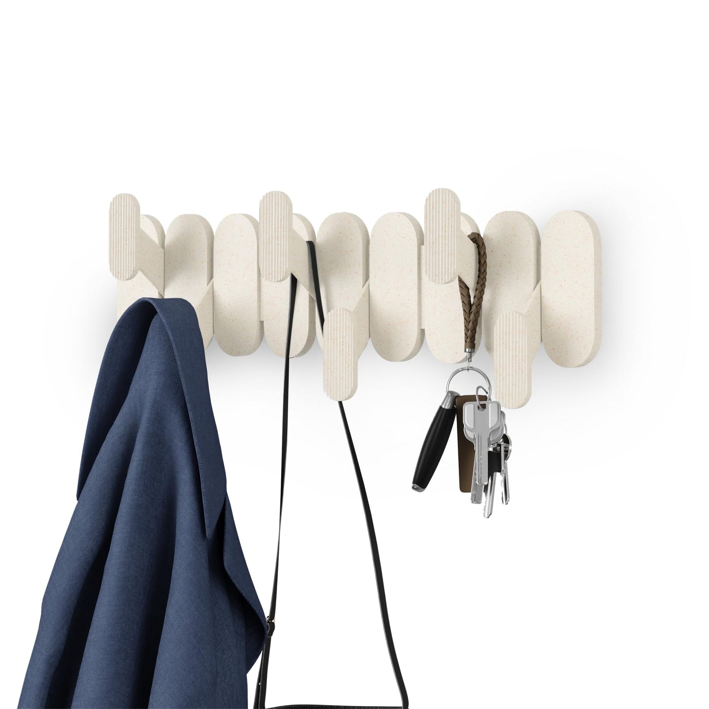 Umbra Tempo Wall Hook – Modern 6-Hook Coat & Towel Rack, Recycled ABS & Wood Fiber, Sand (Beige), Easy Mount Entryway Organizer