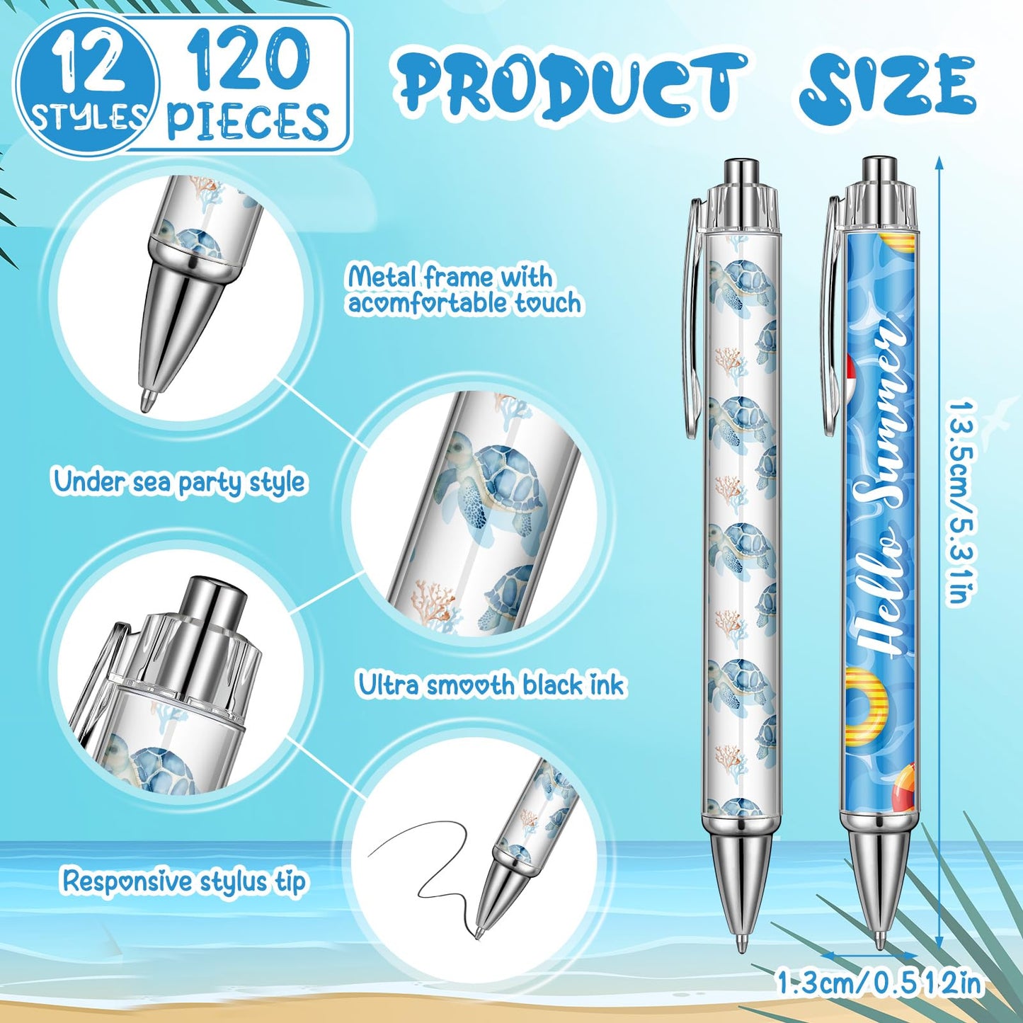 Chiisong 120 Pcs Summer Pens Retractable Hawaiian Theme Cute Ballpoint Pens Comfortable Writing Black Ink Medium Point 1mm for Pretty Journaling Men Women School Office Supplies Party Gifts