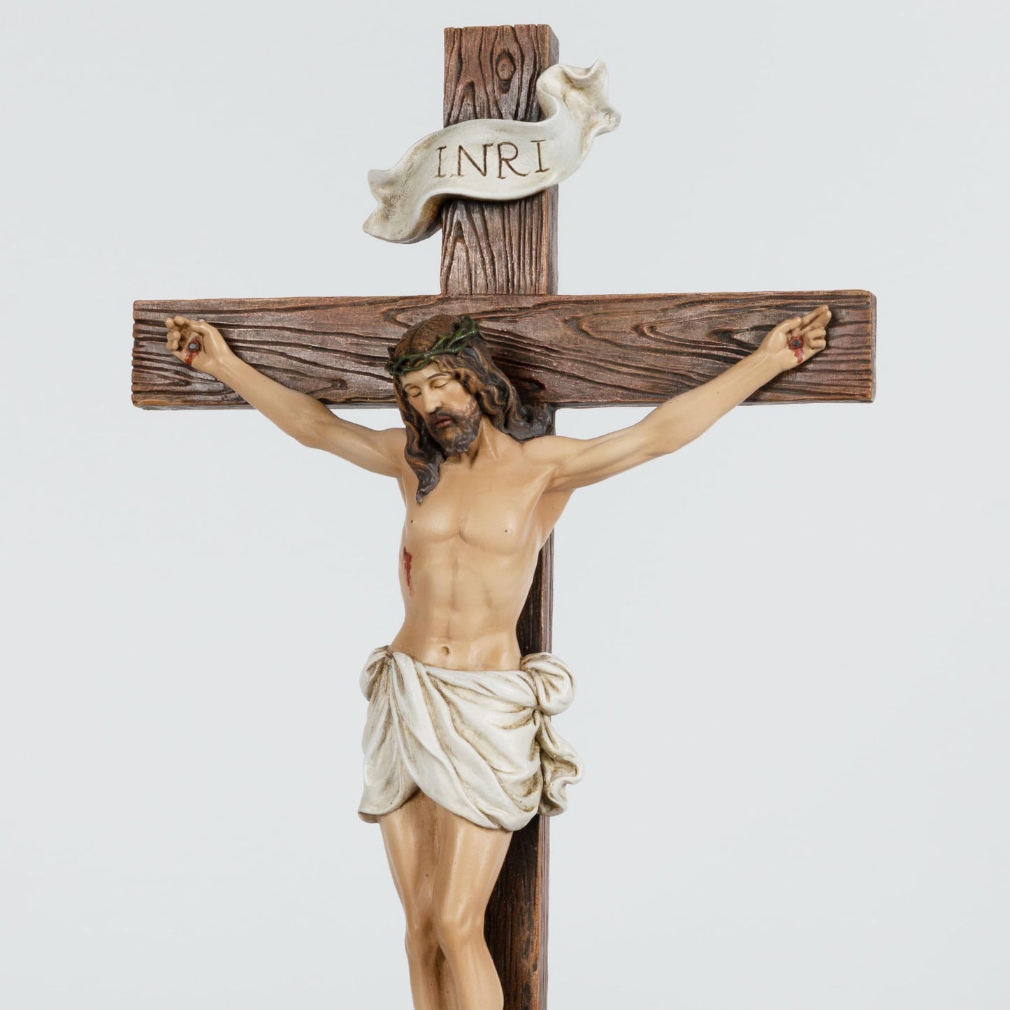 Grace4Joy Standing Crucifix, 14.5 Inches Jesus Christ Standing Cross With Rose-Decorated Base, Hand Painted Crucifix Stand for Catholic Home Table Altar Decor