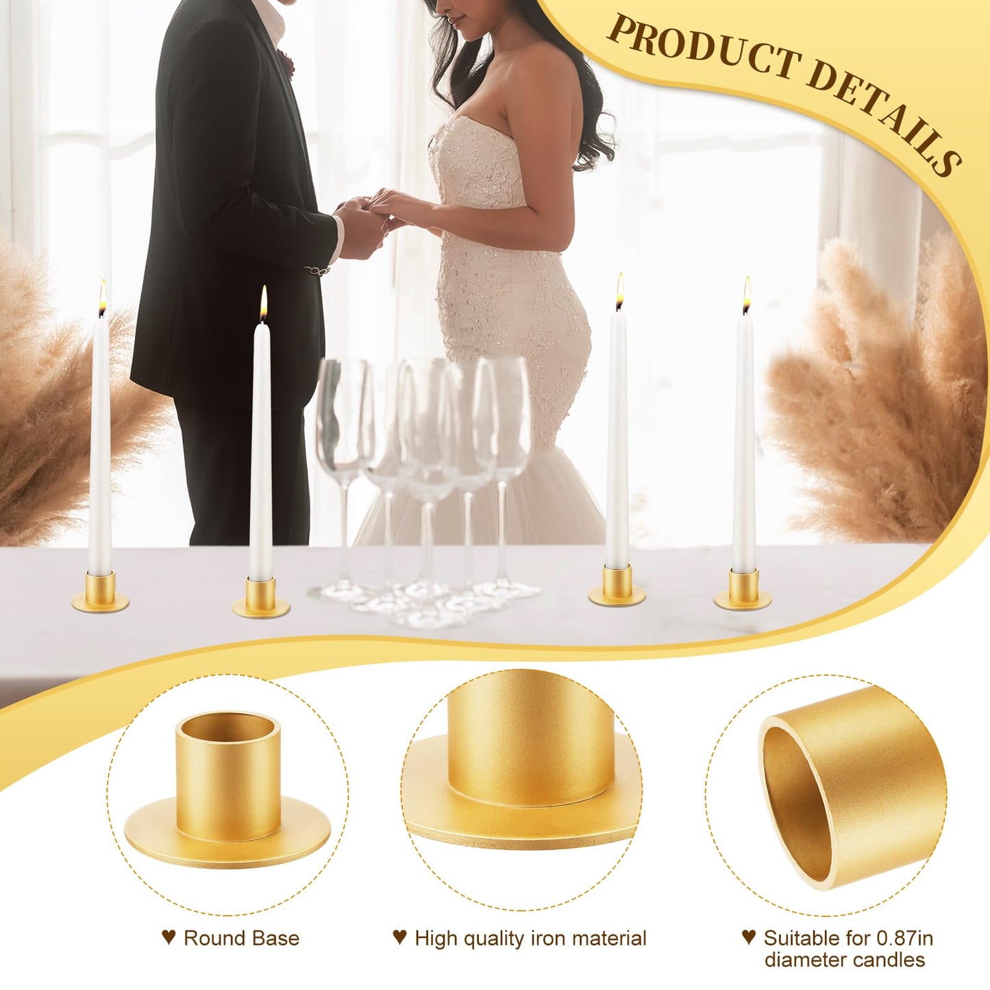 48 Pcs Gold Metal Taper Candle Holders Bulk for Wedding Pillar Candles Taper Candlesticks Holders Centerpieces Short Candle Stick Dinner Decor for Party Anniversary Dinning Table Gift (48, Gold)