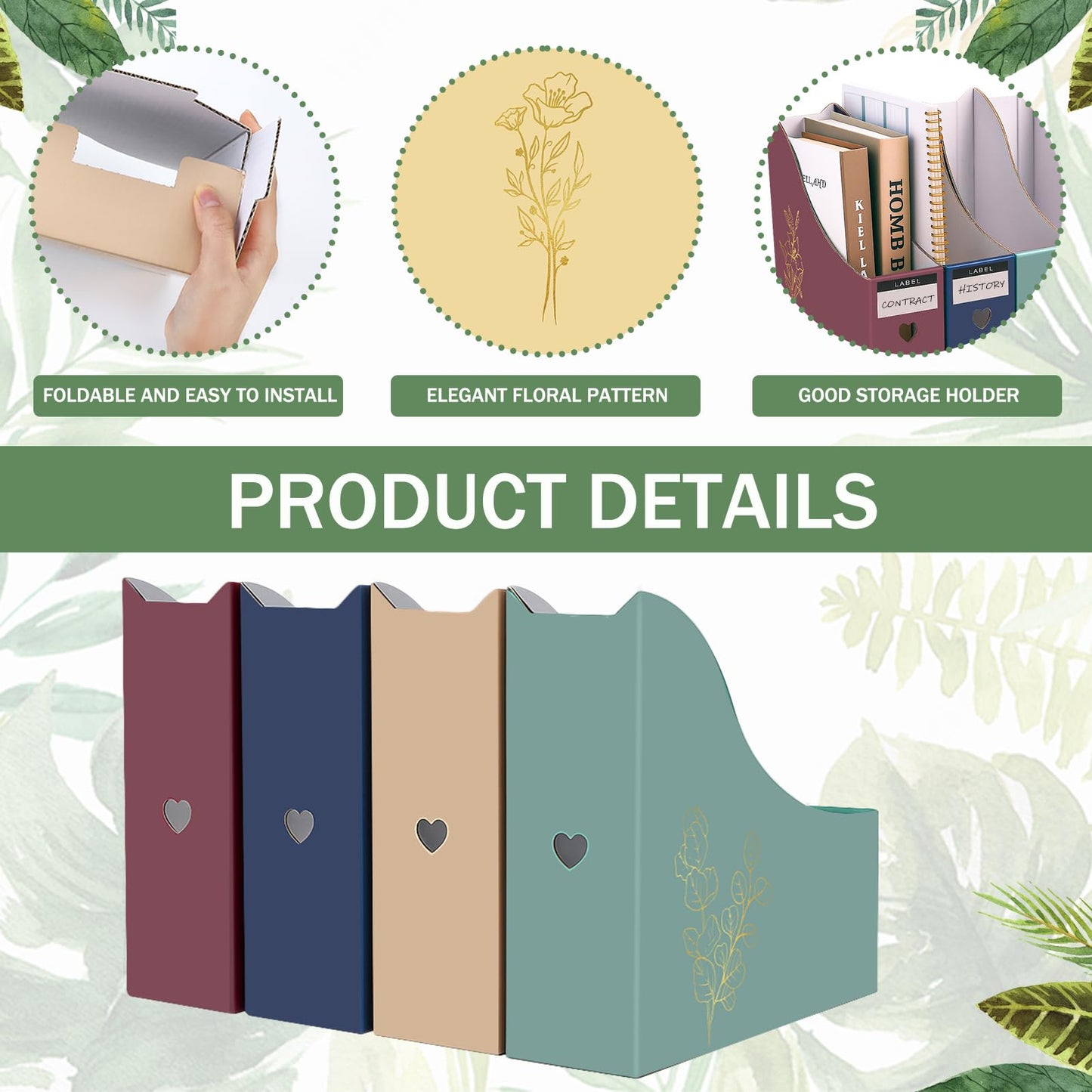 libfrnt 24 Floral Cardboard Magazine Holders Set, File Folders Organizer Decorative 10.23x10.63 Inch with 48 Printable Labels Storage Boxes for Home Office School Desk Classroom