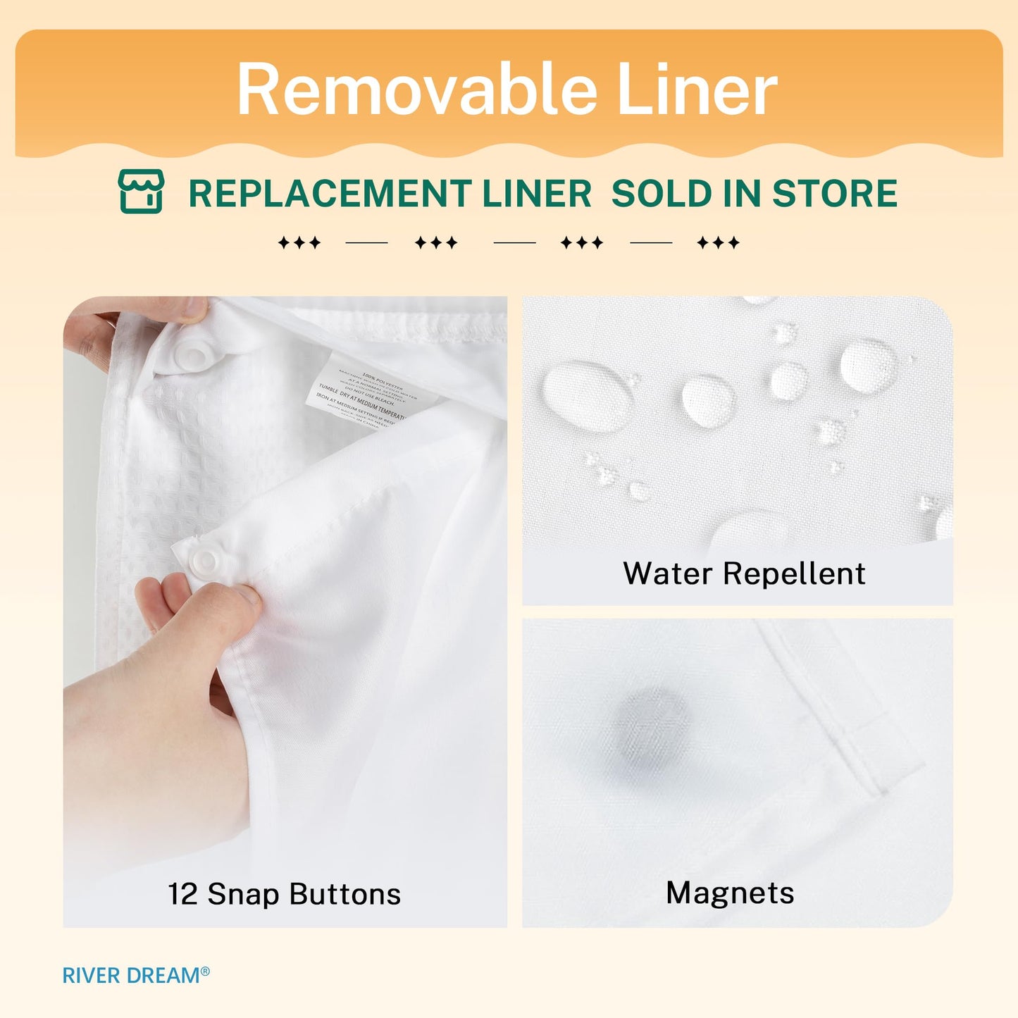 River Dream Heavyweight No Hooks Required Dotted Waffle Weave Shower Curtain with Snap in Liner，Bathroom Curtains Shower Set - 71W x 74H,Hotel Grade,Spa Like Bath Curtain,White