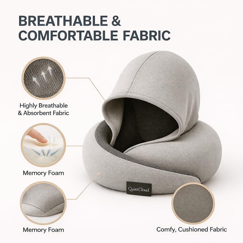 Travel Neck Pillow Hooded Memory Foam 360° Head & Chin Support, Lightweight Breathable Adjustable Fit Travel Neck Pillow with Eye Mask, Earplugs & Carry Bag for Airplanes, Car, Bus, Train & Long Trips