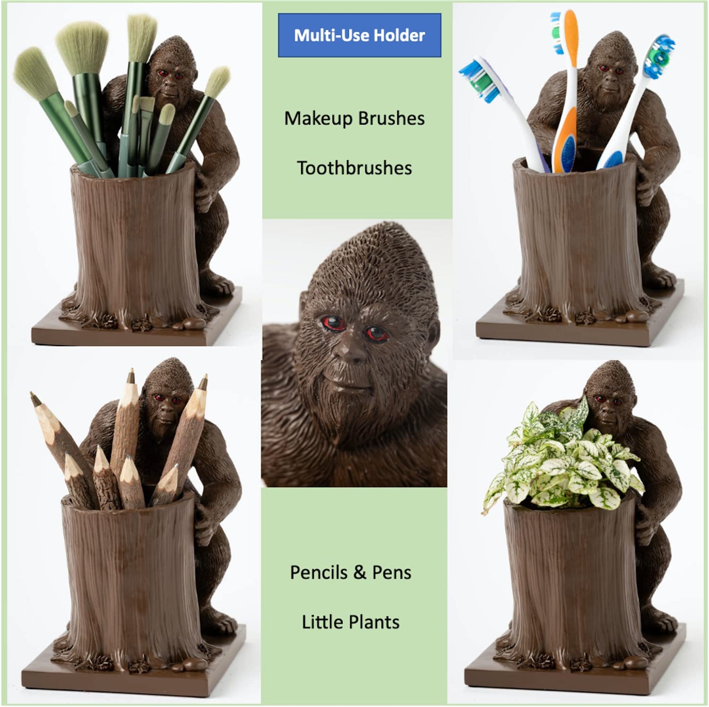 Bigfoot Pen Holder and Pencil Holder for Desk – Sasquatch Makeup Brush and Toothbrush Holder – Wood Ape Succulent Pot and Planter for Indoor Plants – Bigfoot Gifts and Merchandise for Believers