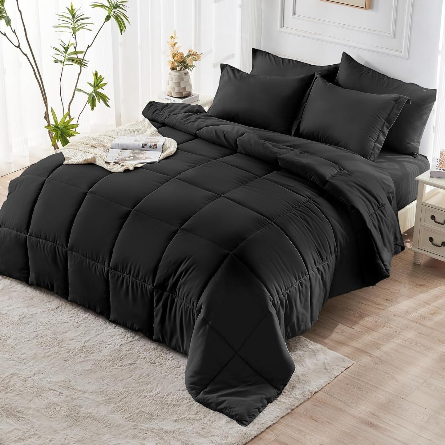 JOLLYVOGUE King Comforter Set, Ultra-Soft Bed in a Bag King Size 7 Pieces, Oeko-TEX Certified Bedding Set with Down Alternative Comforter, Sheets, Pillowcases & Shams, Black