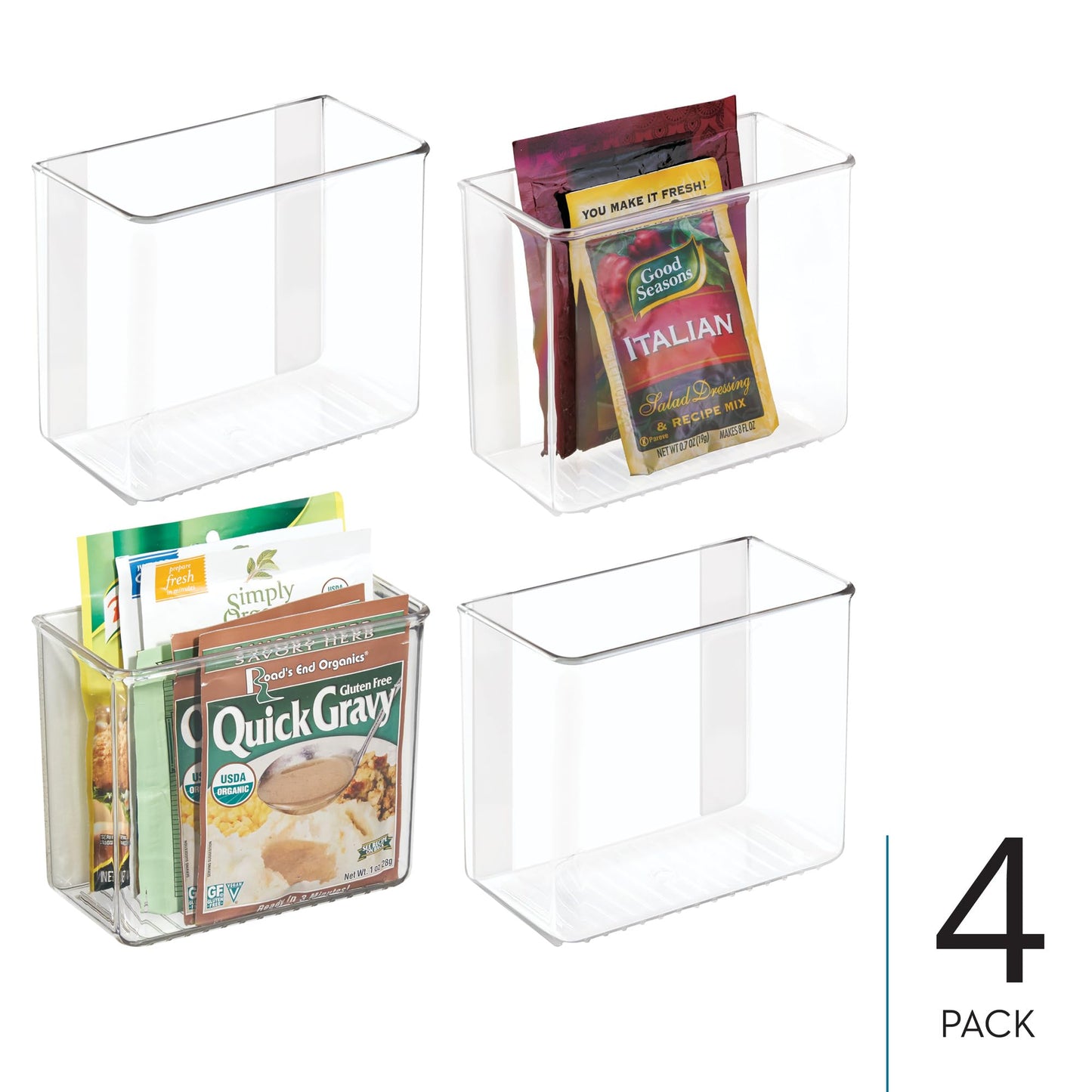 iDesign Adhesive Organizer Bin - Damage-Free Hanging for Kitchen, Bathroom, or Office - Set of 4 - Clear