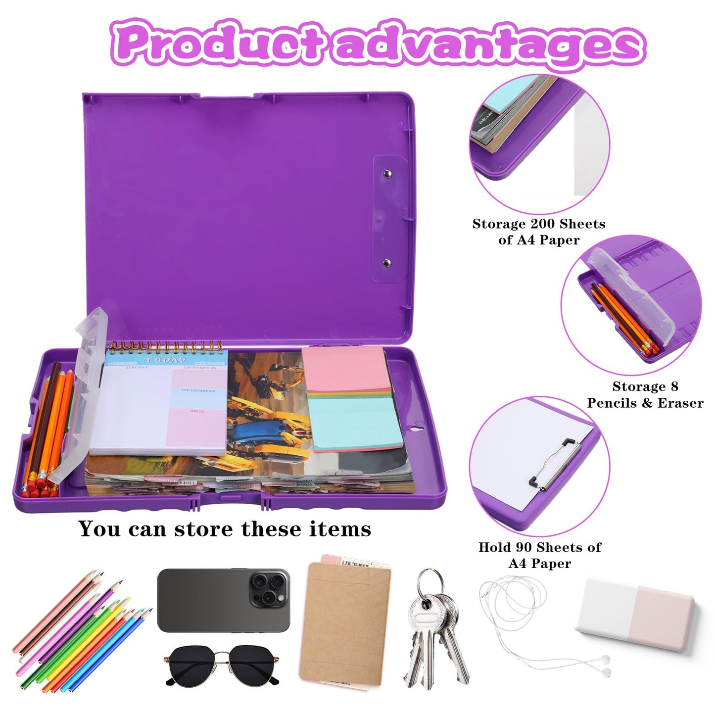 JIEYAO 6 Pcs Heavy Duty Plastic Clipboard with Storage, A4 Colorful Waterproof Clipboards with Pen Holder Side-Opening Nursing Clip Board for Office School Supplies