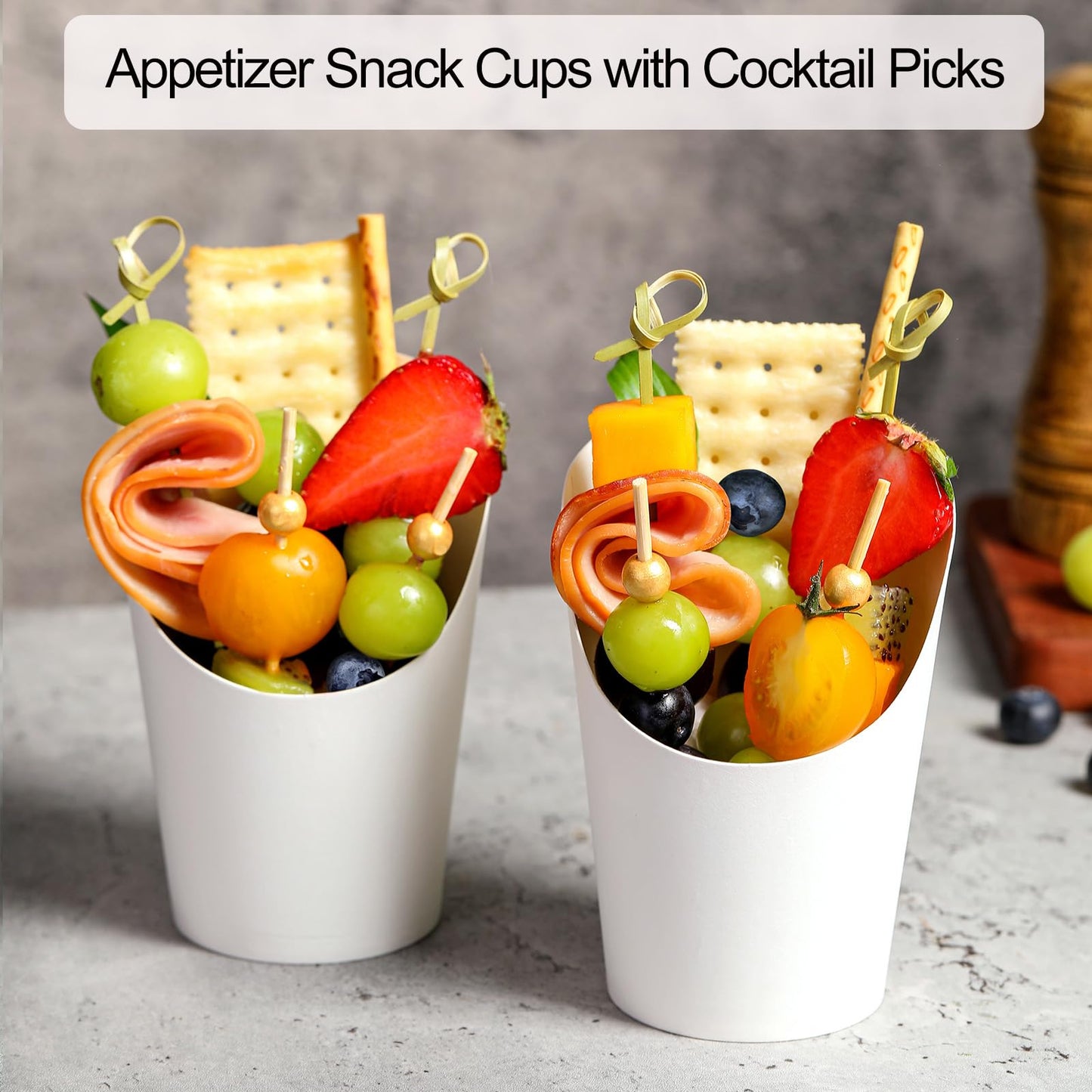WixiTool Disposable Charcuterie Cups 120 PCS with 200PCS Sticks and 120PCS Bags, 14 oz Kraft Paper Snack Boxes Appetizers Cup French Fry Holder with Cocktail Skewers Toothpicks Tooth Picks, White