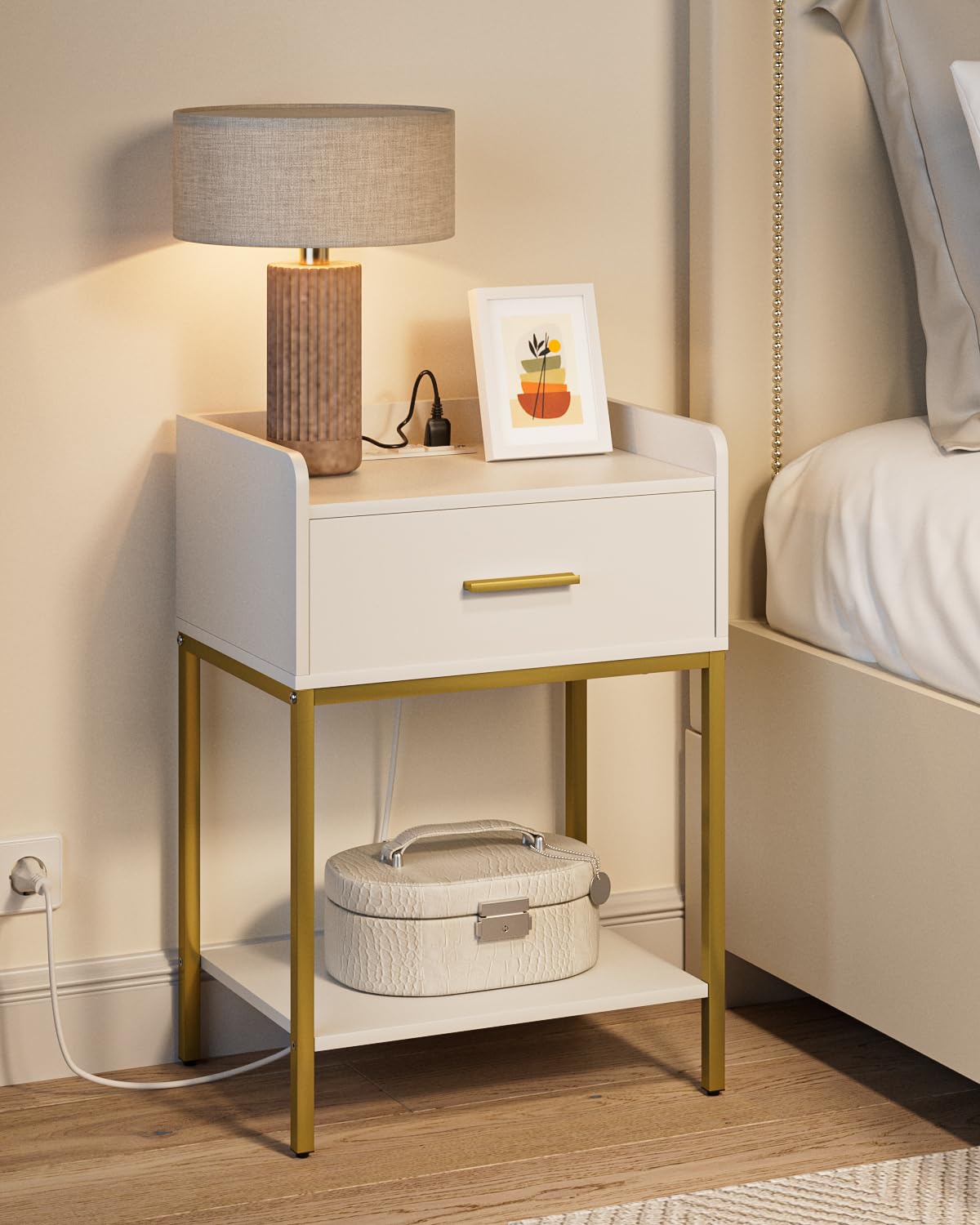 Apetaccat Nightstand with Charging Station,3-Tier Bedside Table for Small Space,Modern Night Stand with Storage Drawer and Shelf,Small Side Table for Bedroom,Living Room,White
