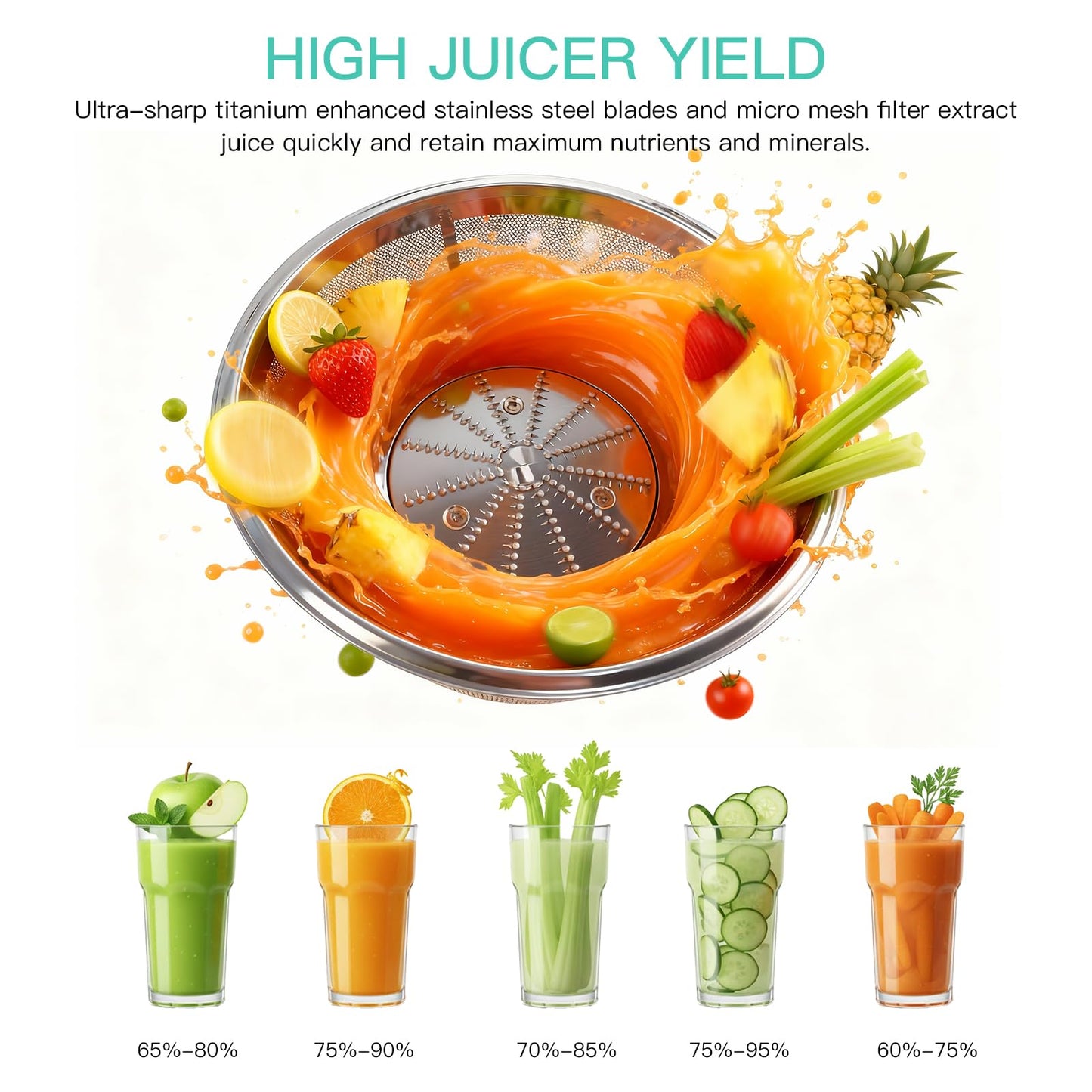 AZEUS Centrifugal Juicer Machines, Juice Extractor with Germany-Made 163 Chopping Blades (Titanium Reinforced) & 2-Layer Centrifugal Bowl, High Juice Yield, Easy to Clean, Anti-Drip,100% BPA-Free