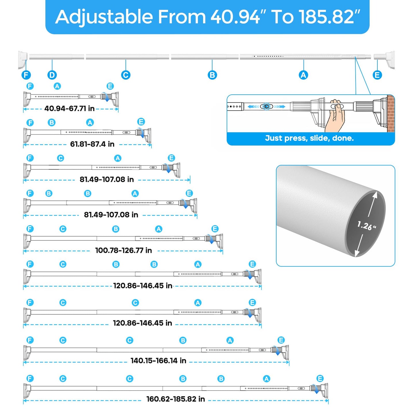 Tension Curtain Rod 41-185 In (4-15ft), Extra Long Tension Rod No Drilling For Patio Windows, White Shower Curtain Rod For Room Divider,One-Click Telescopic Rod, Outdoor Curtain Rods Never Rust