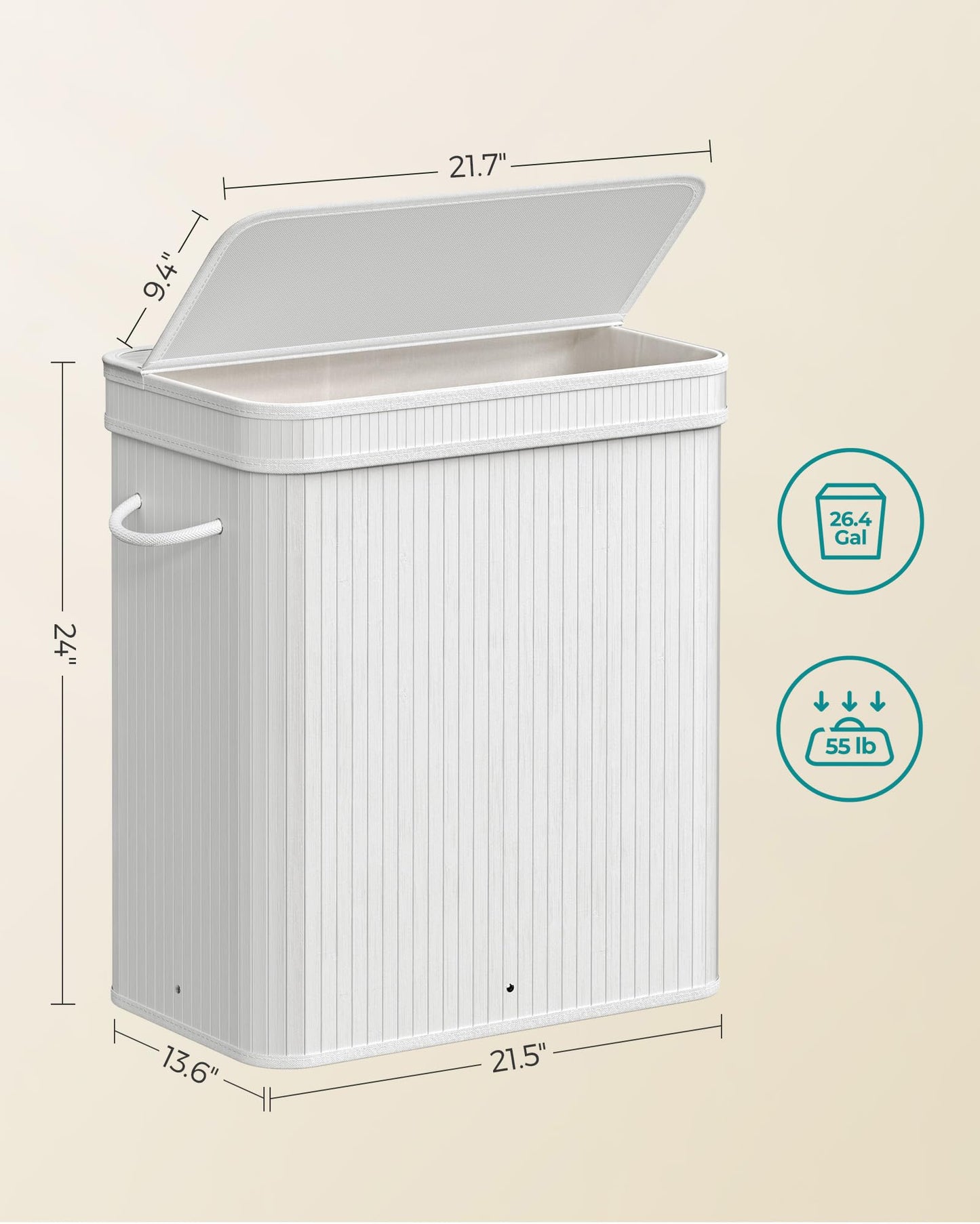 SONGMICS Laundry Hamper with Lid, Bamboo Laundry Basket, Removable Machine Washable Laundry Basket, with Handles, 26.4-Gallons, for Laundry Room, Bedroom, Bathroom, Cloud White ULCB063W01