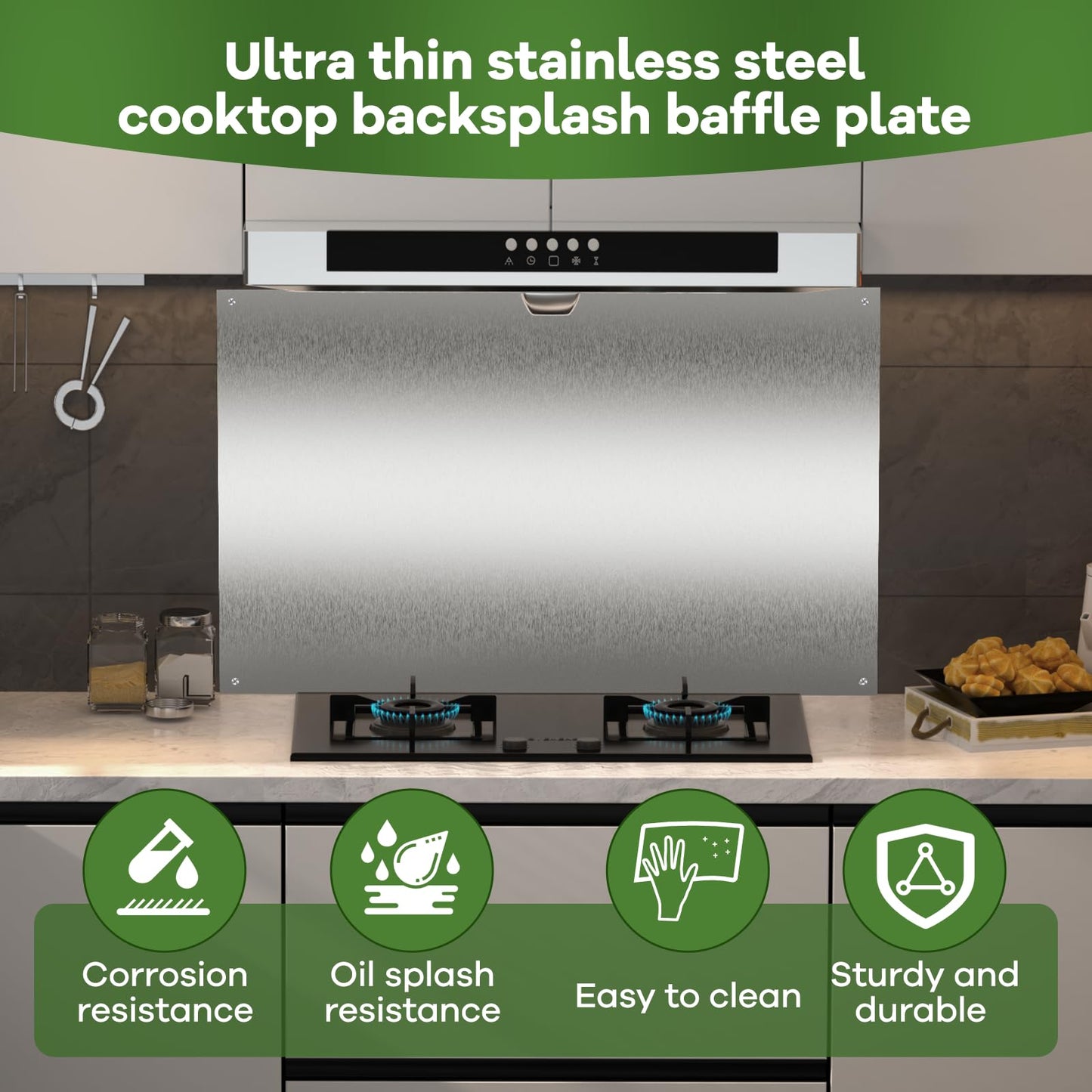 24" x 36" Oversized Stainless Steel Backsplash Panel | Full-Coverage Splatter Guard for Kitchen Wall Behind Stove & Range Hood, Includes Pre-Drilled Holes for Easy Installation
