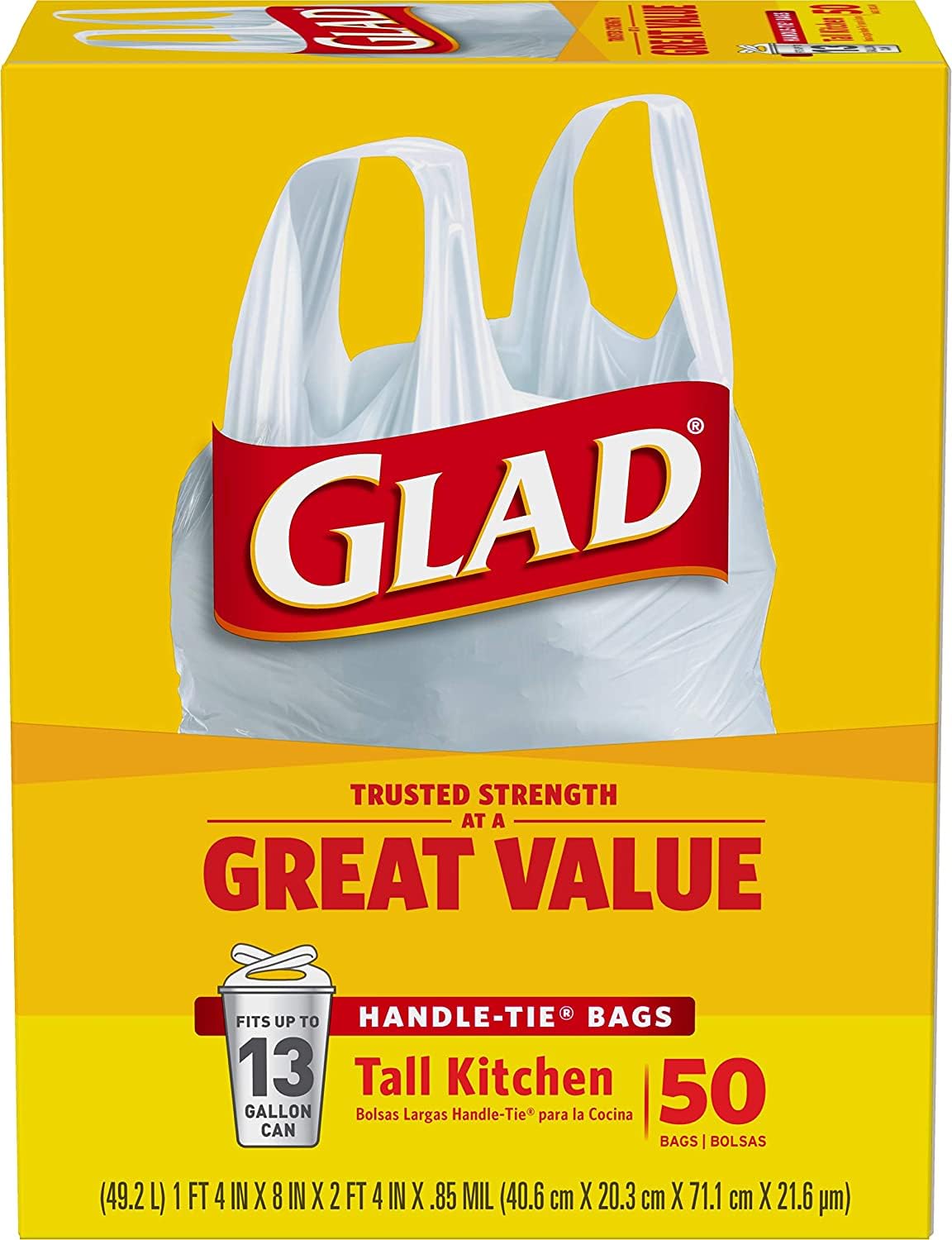 Glad 13 Gal. Tall Kitchen Handle-Tie Bags 50 ct (Pack of 4)