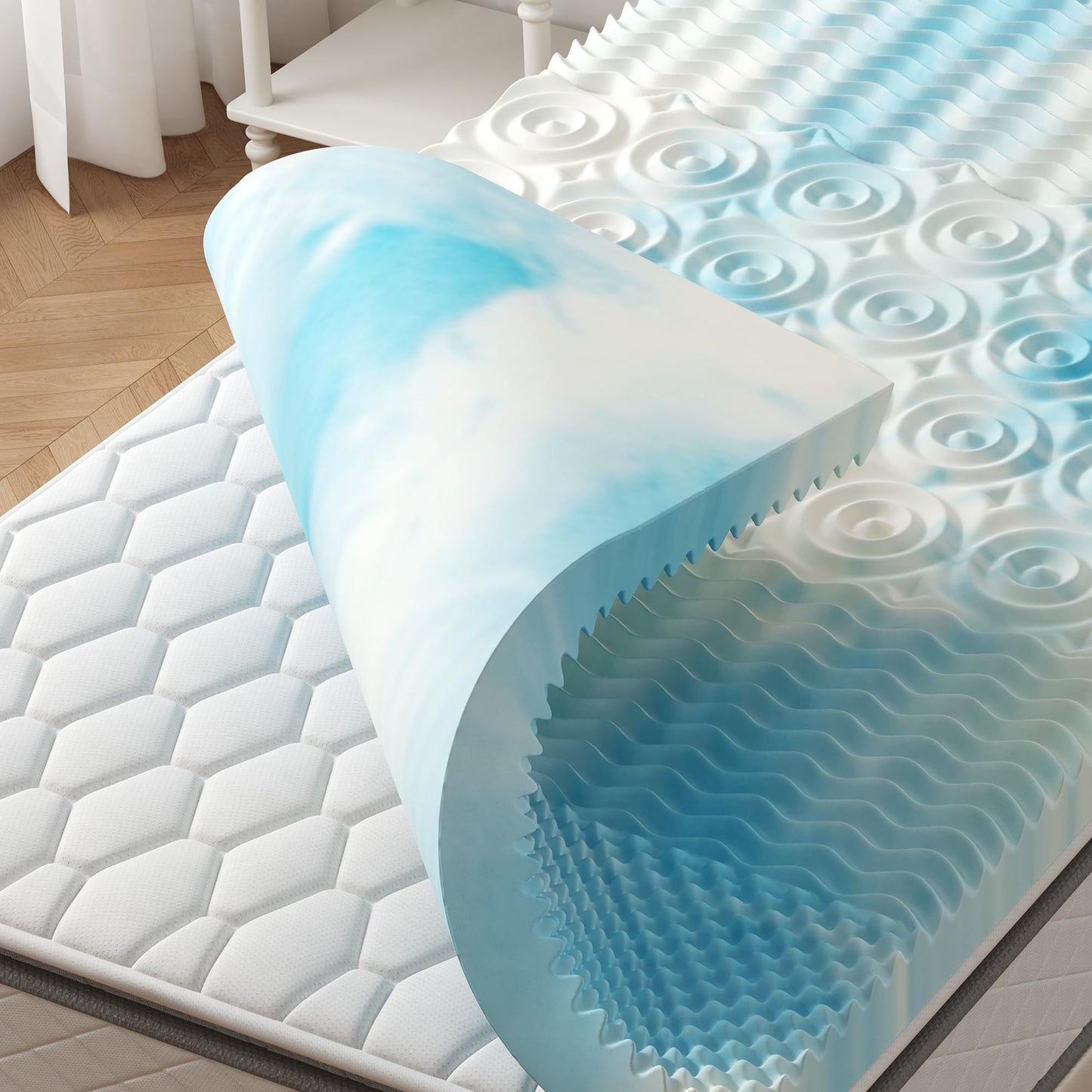 KMFurnila 3 Inch 5-Zone Cooling Gel Memory Foam Mattress Topper Full, Pressure Relief for Back & Hip Pain, Soft Reversible Pad for Dorm RV Camping, CertiPUR-US Certified, Blue