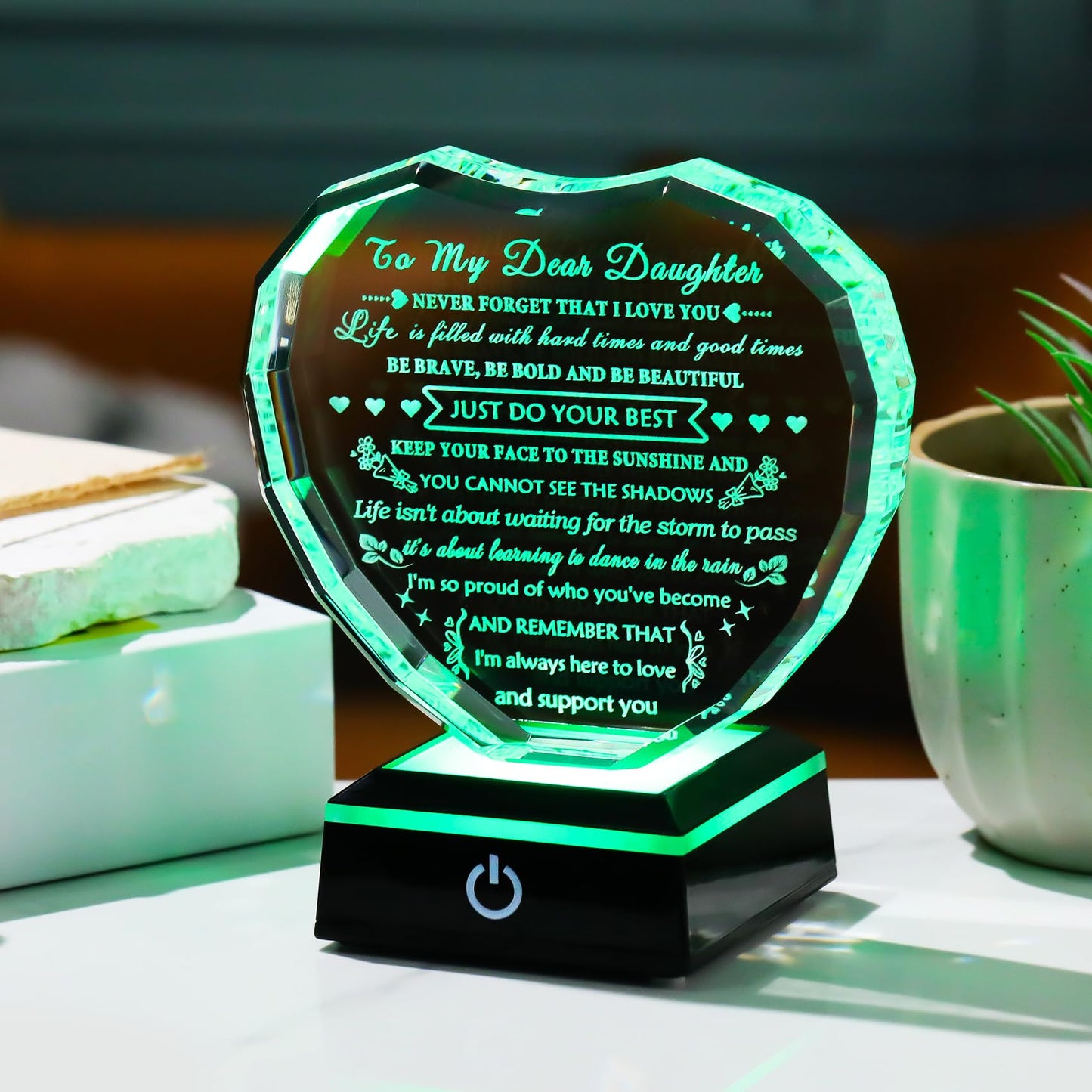 YWHL Meaningful Daughter Gifts from Mom Dad, Birthday Gifts for Adult Daughter Heart Crystal Keepsake with Colorful Light Base, to My Daughters Present on Christmas Graduation Valentine Day