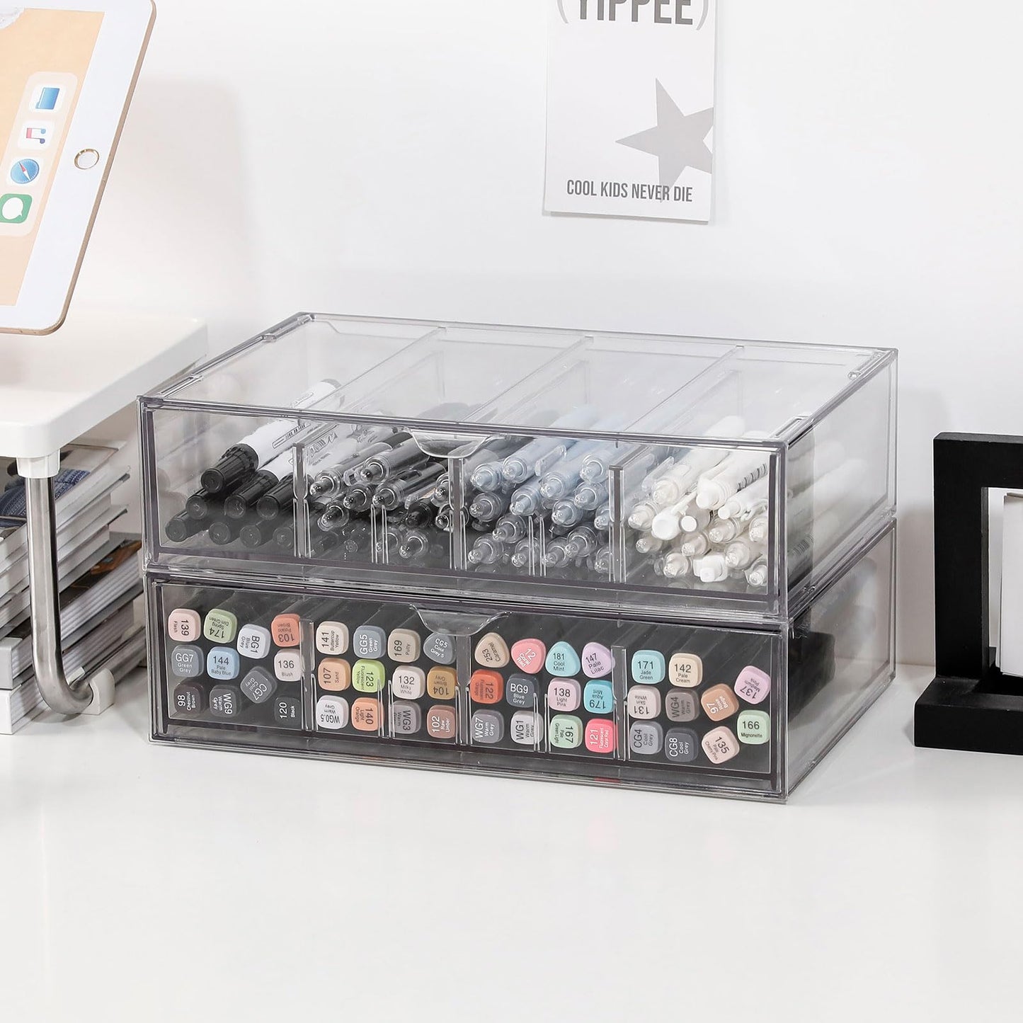 GOXITAX Clear Pen Organizer with Drawer, 2 Pack Plastic Desk Accessories Storage Box with Removable Dividers for Home Office, School Supplies, Stationery, Art Crafts, Stackable Pencil Holder