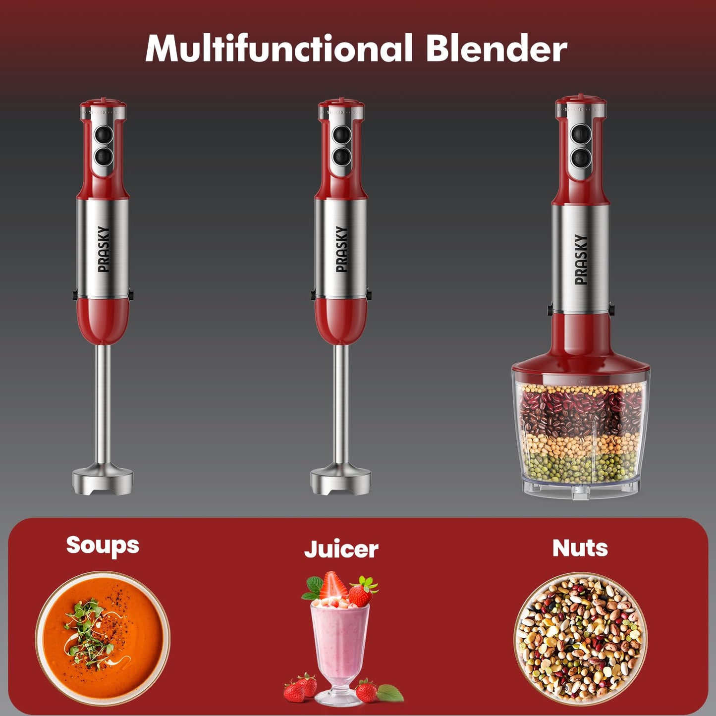 Immersion Blender Handheld 1200W, 5-in-1 Hand Blenders, 20 Speeds Hand Mixer, Stainless Steel Blades, Milk Frother Wand, Whisk, Beaker, Suitable for Kitchen, Protein Shakes and Baby Food (Red)