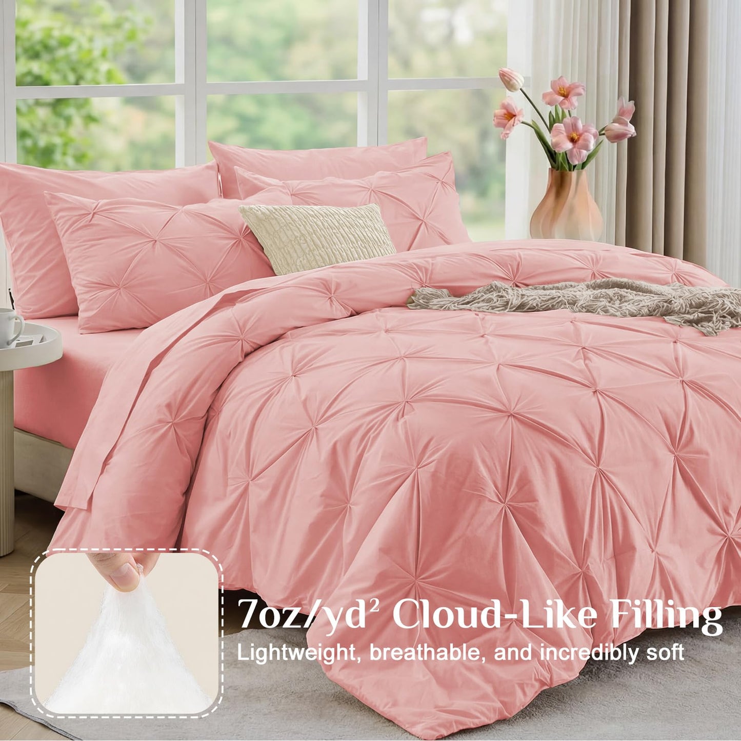 JOLLYVOGUE King Size Comforter Set 7 Pieces - Bed in a Bag King for All Season, Pintuck Bedding Comforter Sets with Comforter, Flat Sheet, Fitted Sheet and Pillowcases & Shams, Pink