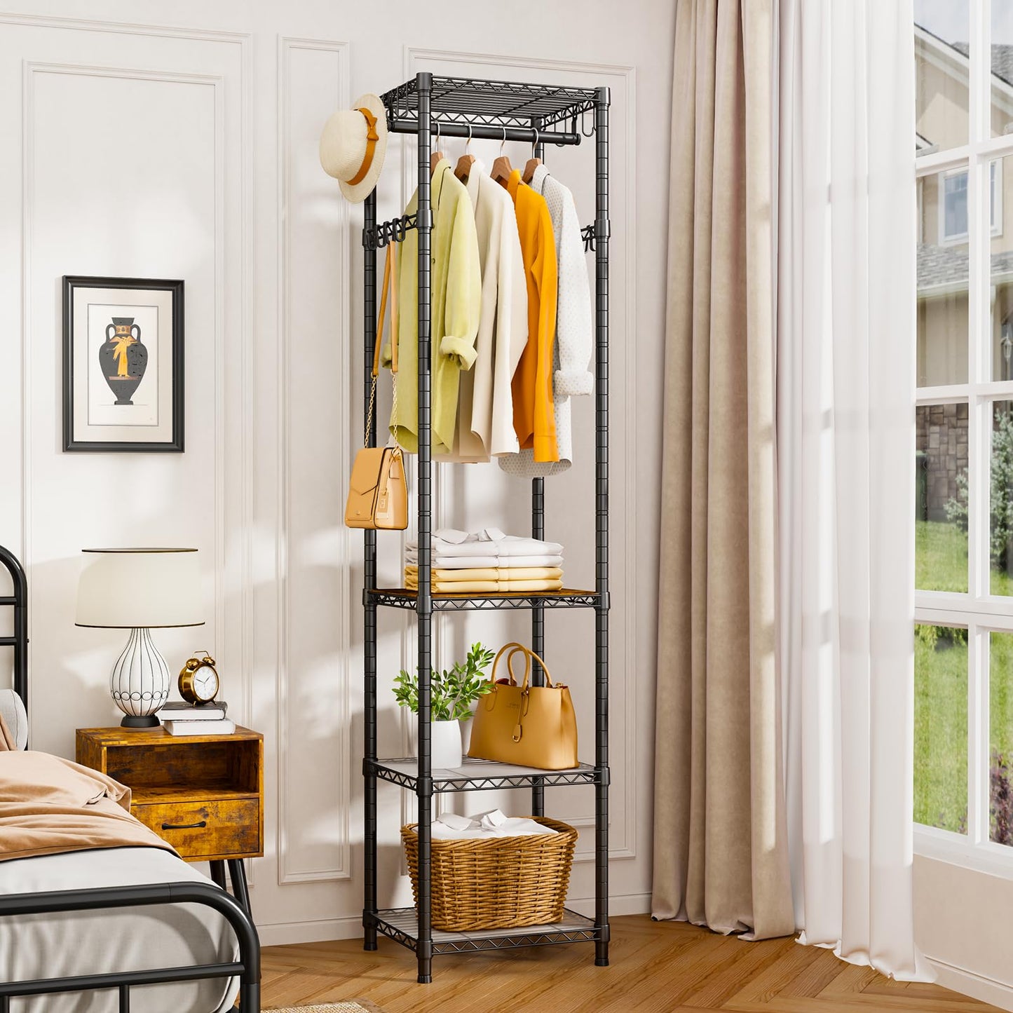 Roxibelt R1 Clothes Rack Heavy Duty, Clothing Racks for Hanging Clothes, Garment Rack with Storage Shelves, Small Coat Rack Freestanding for Entryway, Hallway, Bedroom, Max Load 448 Lbs, Black