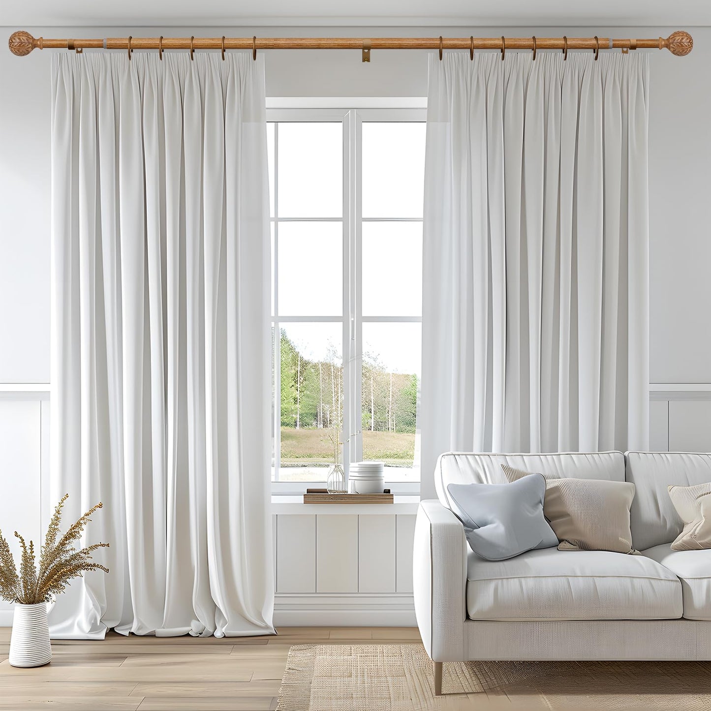 QDWIS Boho Wood Curtain Rods for Windows 66 to 120 inch,1" Adjustable Heavy Duty Window Curtain Rod with Imitation Wood Grain Finials,Rustic Decorative Drapery Rods Set,Size:36-120'',Natural Wood