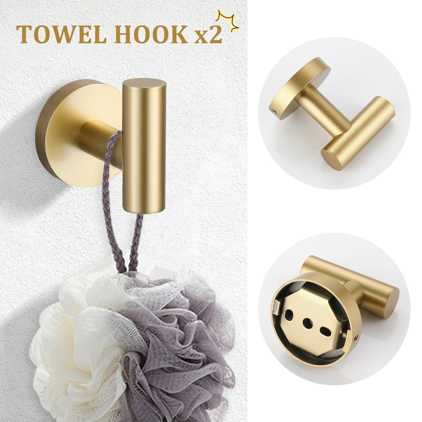 TURS Brushed Gold 5 Piece Bathroom Hardware Set, SUS304 Stainless Steel 24 Inch Bath Towel Bar Set, Round Bathroom Accessories Kit Wall Mounted