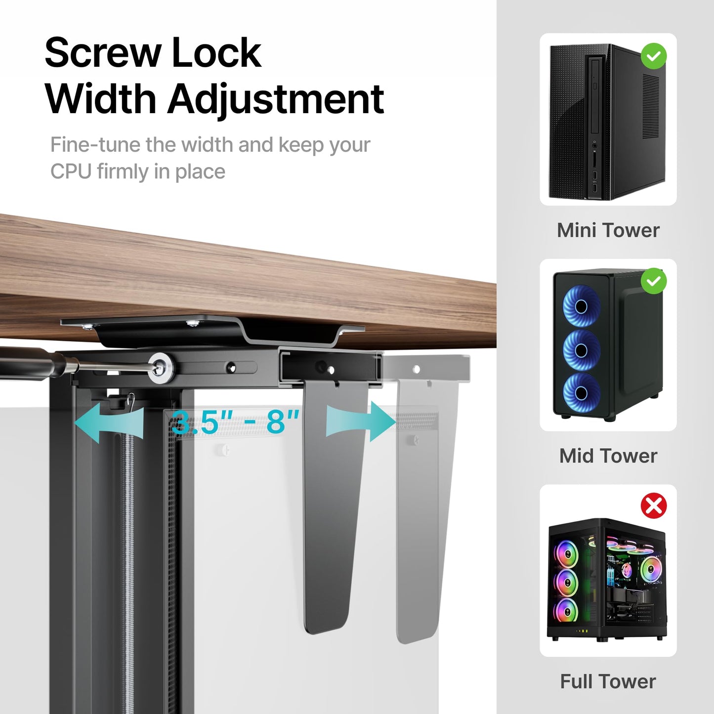 PEGZONE Adjustable Under Desk PC Mount, 3.5 to 8 Inch Wide Computer Tower Holder with Locking Handle,360 Degree Swivel Adjustable Height and Width, Black
