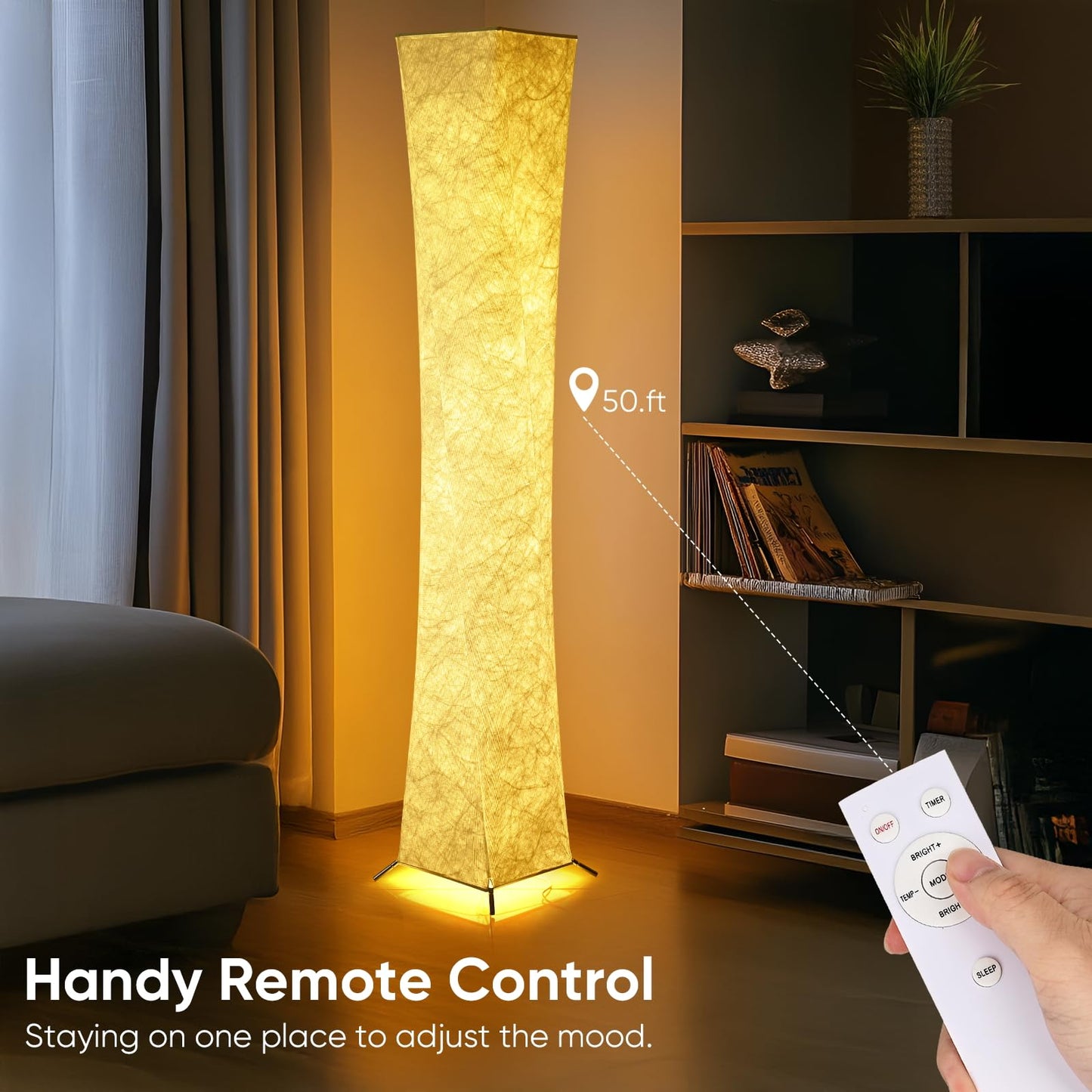 YIEONSHION Modern Floor Lamp with Soft Light, 52 Inch, Remote Control for 3 Colors & Brightness, Energy Efficient LED Tyvek Fabric Shade for Bedroom, Living Room