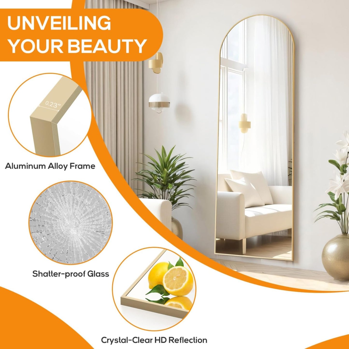 Aidoly Arched Mirror Full Length, Upgraded 16"x59" Body Wall Mirrors with Shatter-Proof Glass, Floor Standing, Hanging or Leaning, Tall Arch Mirror with Stand Aluminum Alloy Frame for Bedroom, Gold