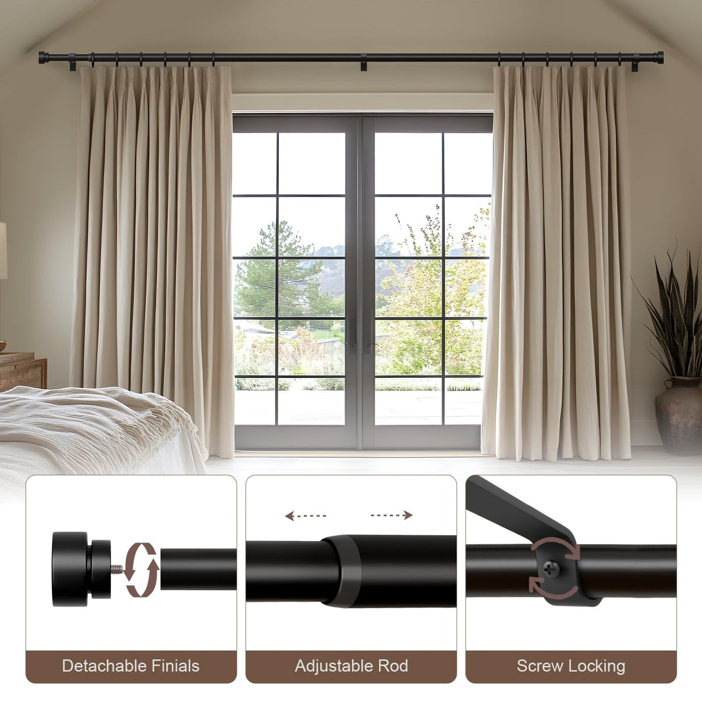 Lootkell Modern Black Curtain Rods for Windows 66 to 120 Inches Adjustable Length Heavy Duty 1" Diameter Window Curtain Rod with Decorative Finials for Outdoor Farmhouse Bedroom Kitchen Living Room