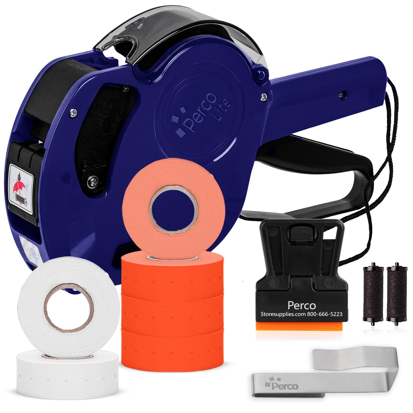 Perco Lite 1 Line Price Gun Kit for Retail Business – Includes 2 White Rolls, 4 Fluorescent Red Rolls, Gun Clip & Ink Rollers – Pre-Loaded Pricing Gun w Labels & Ink
