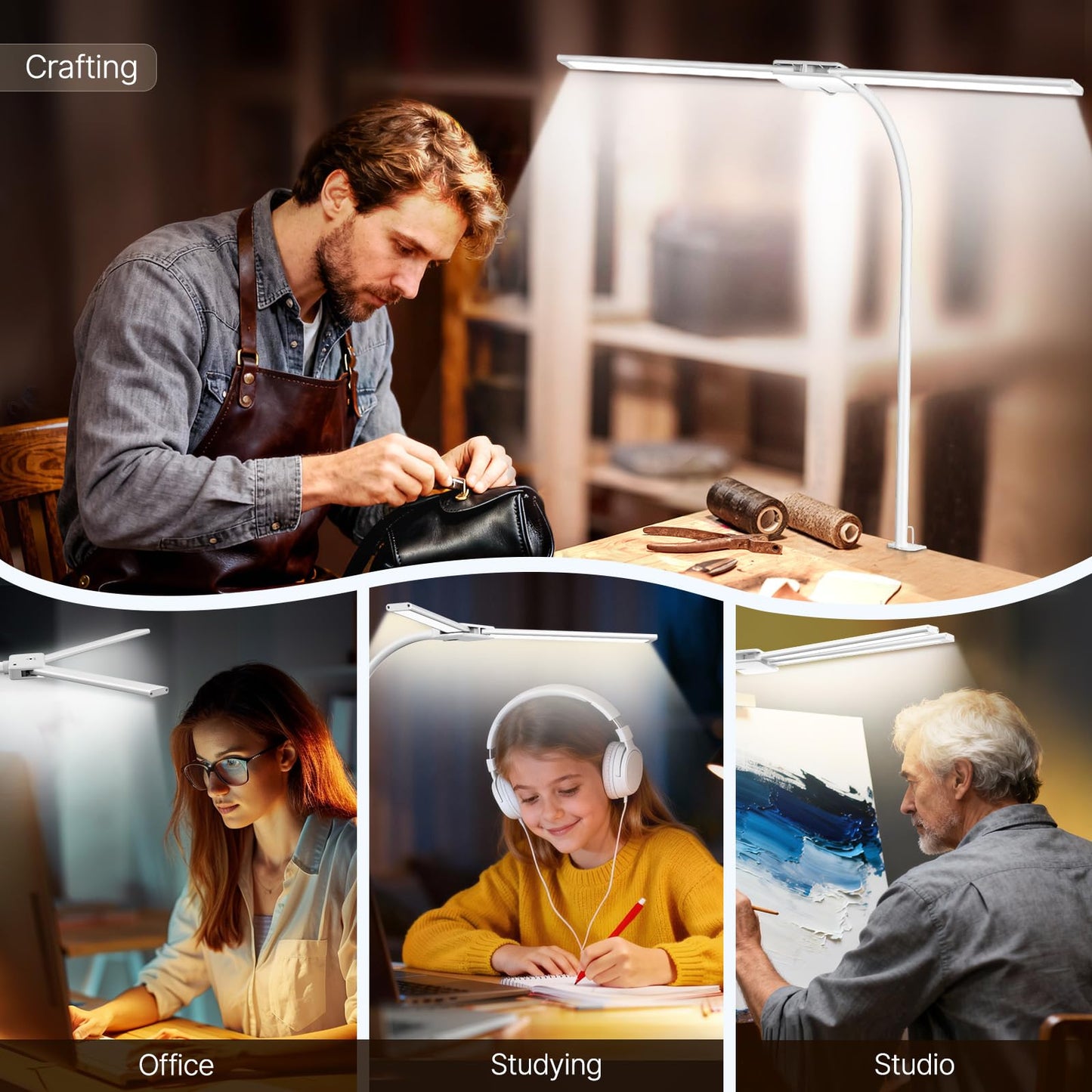 Syrinx LED Desk Lamp, Dual Head Desk Light with Clamp, 50 Lighting Modes Eye-Caring Table Lamp, Flexible Gooseneck Task Light with Motion Sensor, Wired Control, Timer & Memory Function for Home Office