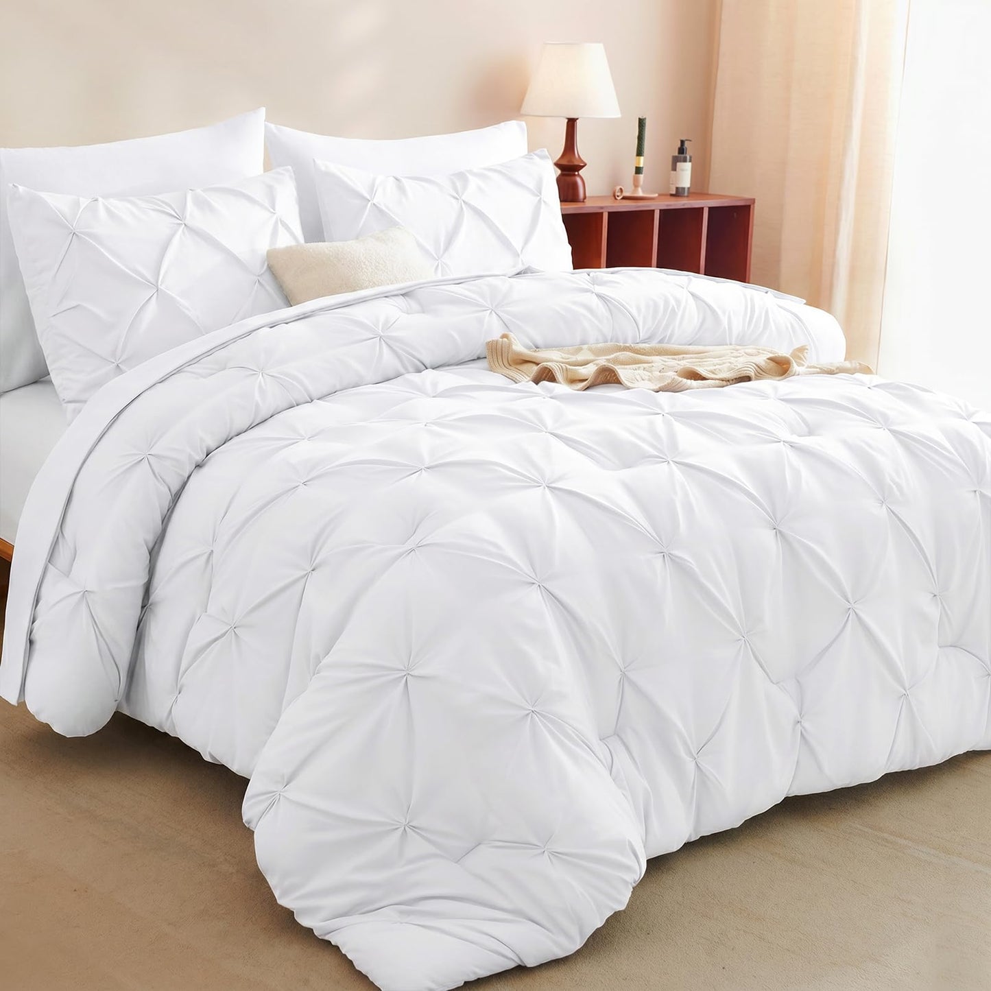 HIMEET King Size Comforter Set White - 7 Pieces Pintuck Bed in a Bag, Pinch Pleat Modern Room Decor, All-Season Soft Bedding Gift with Comforter, Sheets, Pillowcases & Shams