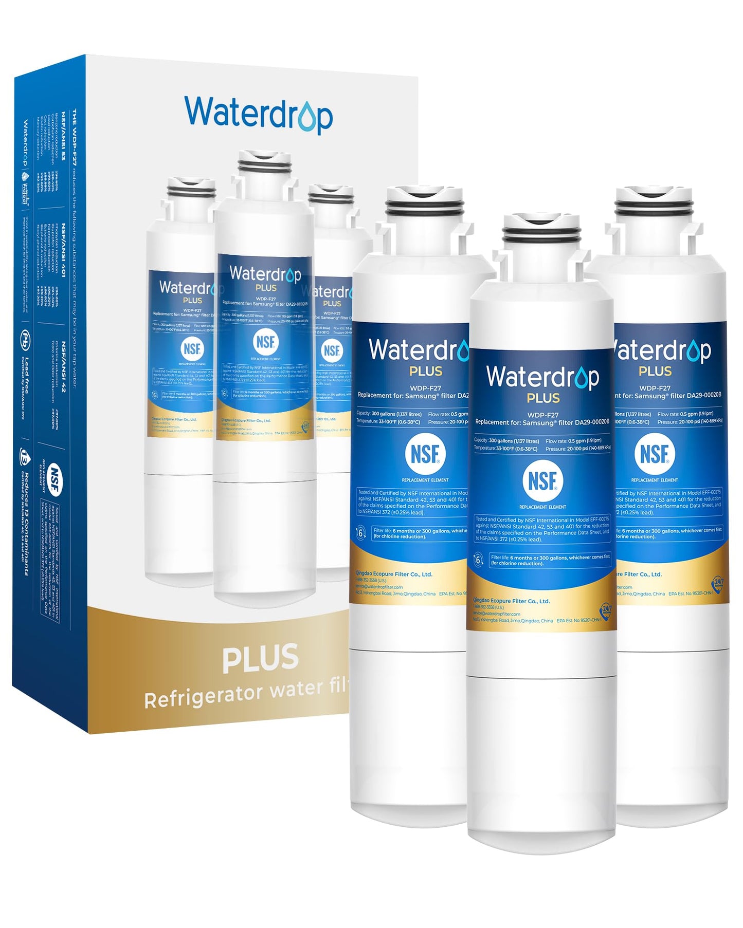Waterdrop Plus WDP-F27 NSF 401&53&42 Certified Refrigerator Water Filter, Replacement for Samsung® HAF-CIN/EXP, DA29-00020B, FMS-2, RF28HMEDBSR, RF263BEAESR, 3 Filters (Packaging May Vary)