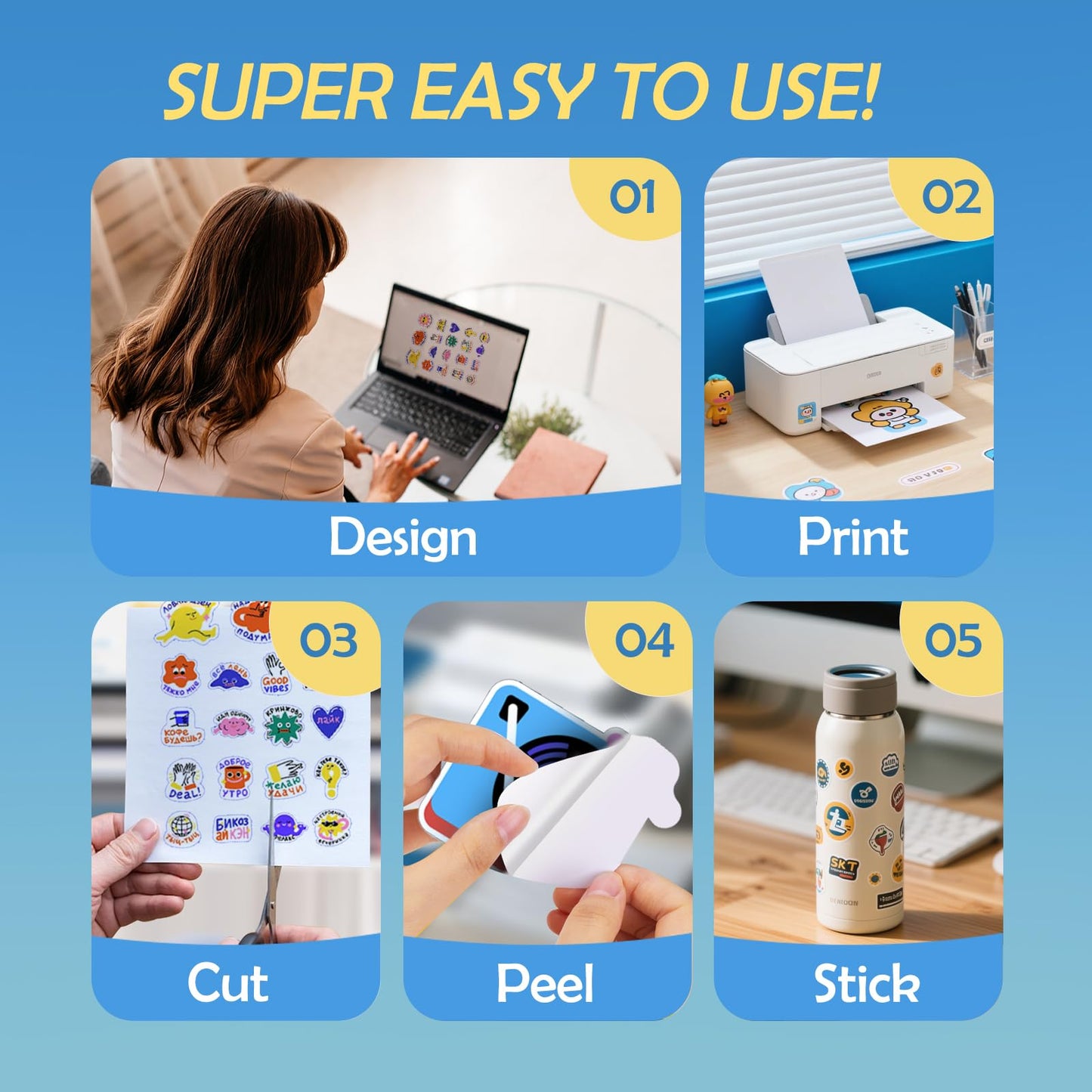 Uinkit 200 Sheets Premium Glossy Printable Vinyl Sticker Paper for Inkjet & Laser Printers - Waterproof, Quickly-Dries for Pet Photos & Kids Crafts, Tear-Resistant Decals (Letter Size 8.5"x11")