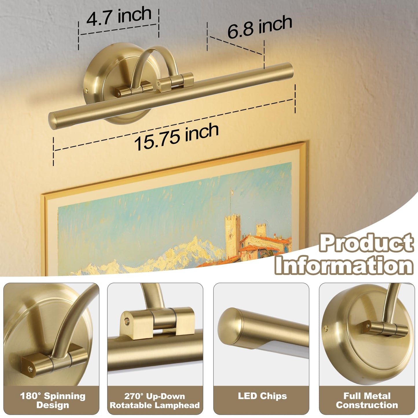 Modern Dimmable Picture Lights for Wall 15.75 Inch Hard-Wired LED Picture Frame Lights for Paintings Gallery Light with Adjustable Swing Arm Display Lights For Artwork, 7W, 2700K, Warm White - Brass