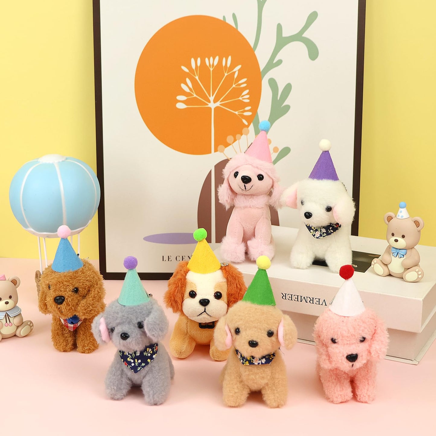 Adopt a Dog Party Favors Set - 12 PCS Plush Stuffed Puppies with Party hats include Paper House, fence, Adoption Cards, DIY Collars, House Decor and Check-up Accessories for Puppy Party Birthday