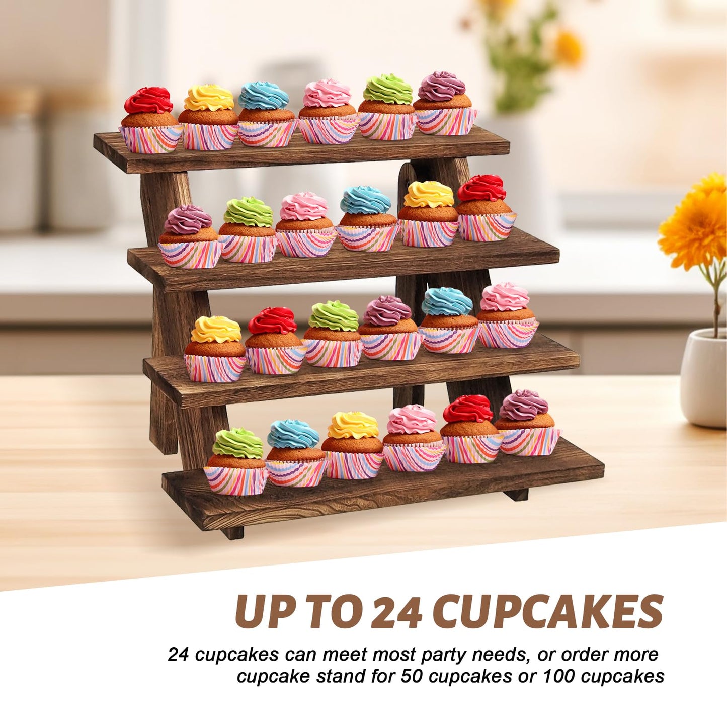 Fumingpal 2Pcs Wooden Cupcake Stand - 4 Tier Cupcake Display Stand, Rustic Tiered Display Stand, Tool Free Installation Cupcake Stand for Birthday Party Decoration Supplies