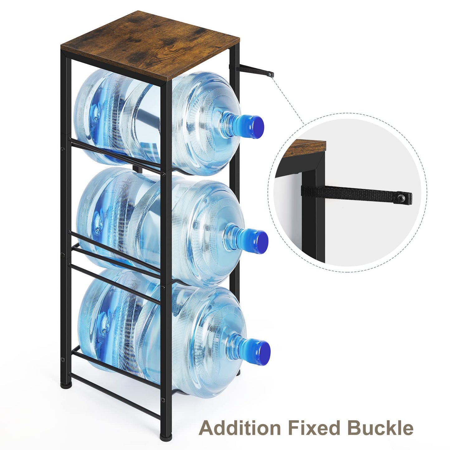 5 Gallon Water Jug Holder 3-Tiers Water Dispenser Stand Rack, Water Bottle Organizer with Storage Shelves for Kitchen Living Room Office, Rustic Brown