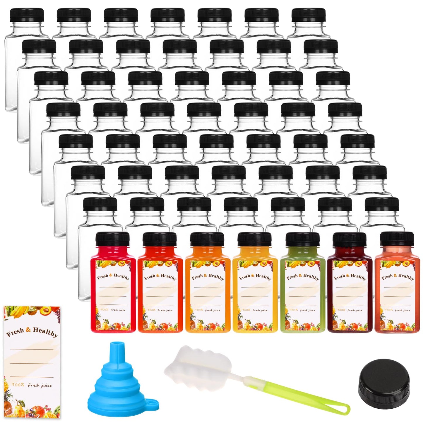Moretoes 56pcs 8oz Plastic Juice Bottles with Caps, Reusable Clear Plastic Juicing Bottles Juice Containers with Lids Suitable for Milk, Milkshakes and Other Juiced Beverages