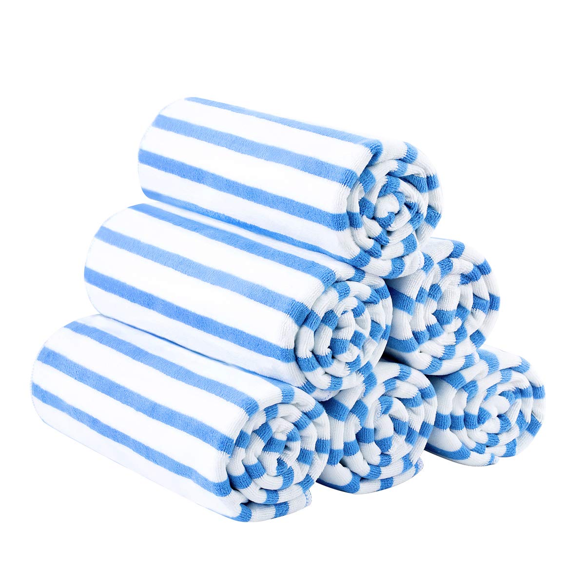 JML Microfiber Beach Towels, Large Bath Towel Set for Adult, 6 Pack, 27" x 55" - Cabana Stripe - Absorbent, Quick Dry for Pool, Bathroom, Sport, Yoga, Camping, Swimming, Dorm, Summer Party, Blue