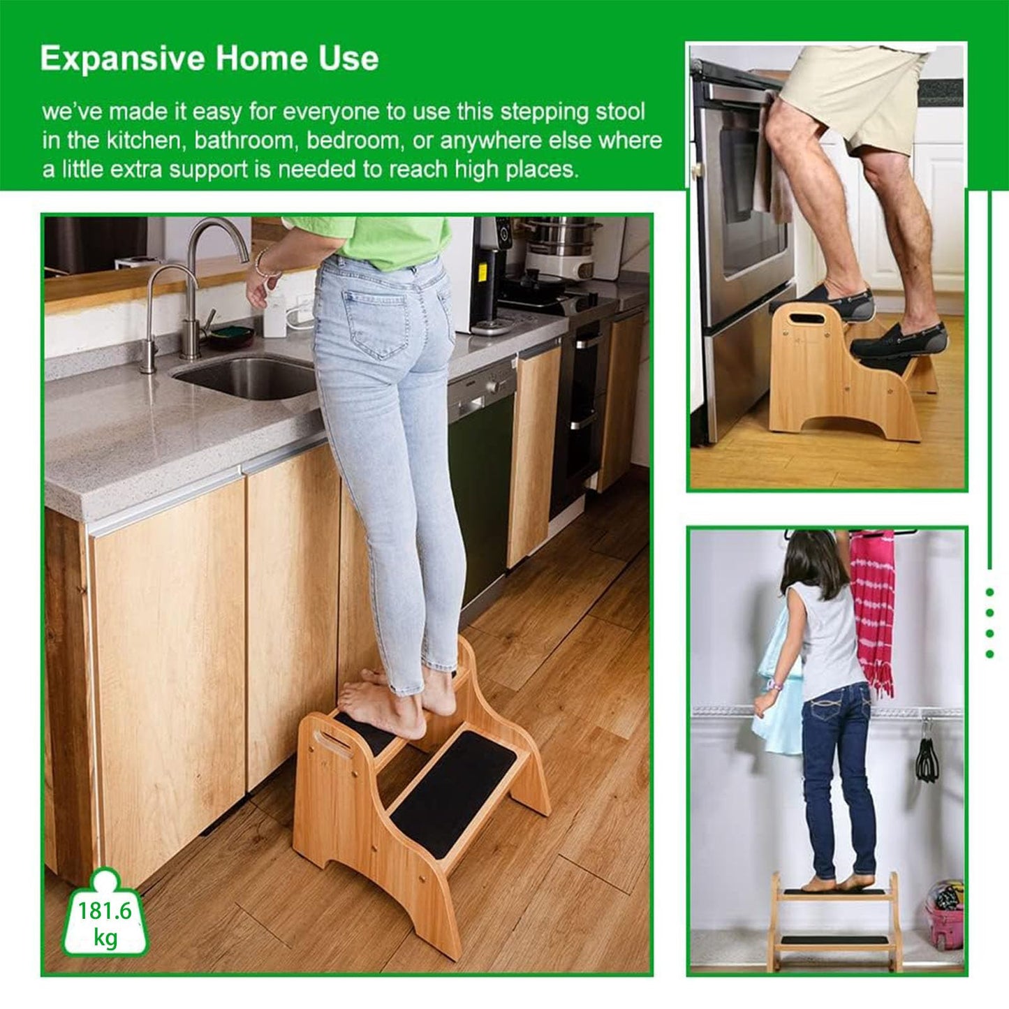 StrongTek Wooden 2 Step Stools for Kids, Safe Non-Slip Surface with Handles, 350 lbs Capacity, Portable Toddler Stepping Stool for Bathroom Kitchen and Bedroom (Natural)