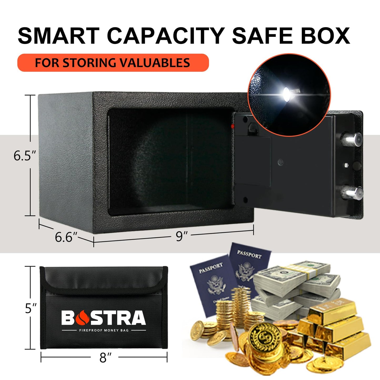 Bostra Fireproof Safe Box with Sensor Light & Fireproof Bag, Money Safe Box with Digital Keypad,Security Safe Box for Home, 0.23 Cubic Small Safe with Keys & Pass Code for Cash Jewelry Silver