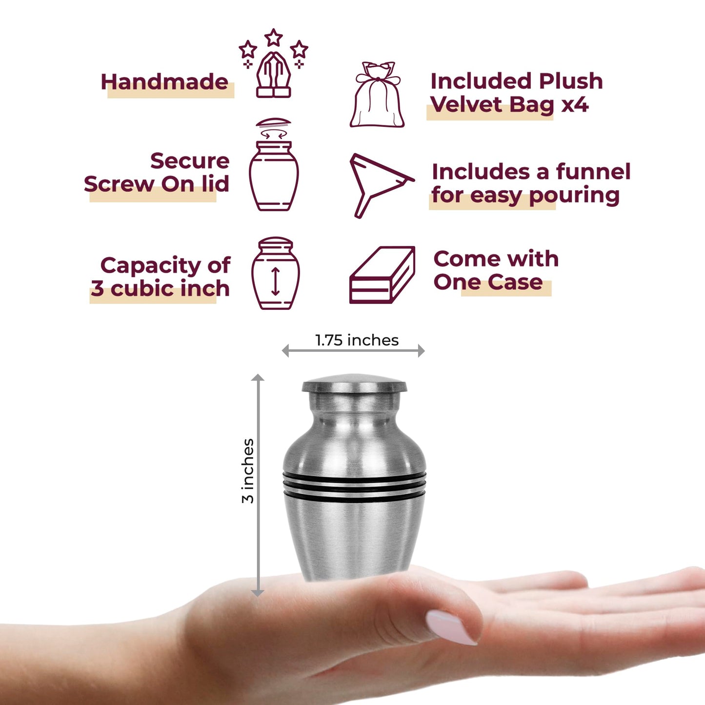 Trupoint Memorials Small Urns for Human Ashes Keepsake, Pewter Decorative Mini Cremation Urn for Adult Men & Women, Set of 4, Silver Lining