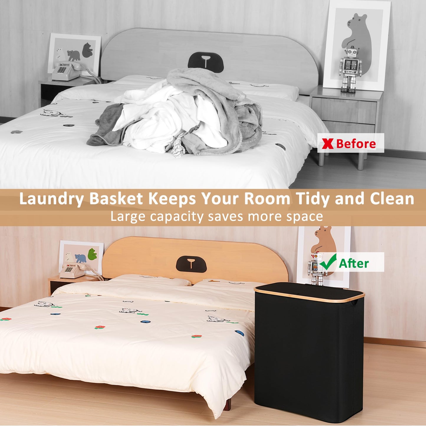 iEGrow 150L Laundry Basket with Lid,Large Laundry Hamper with Bamboo Handles, Hampers for Laundry, Dirty Clothes Hamper with 2 Removable Inner Bags for Clothes Towels,Black