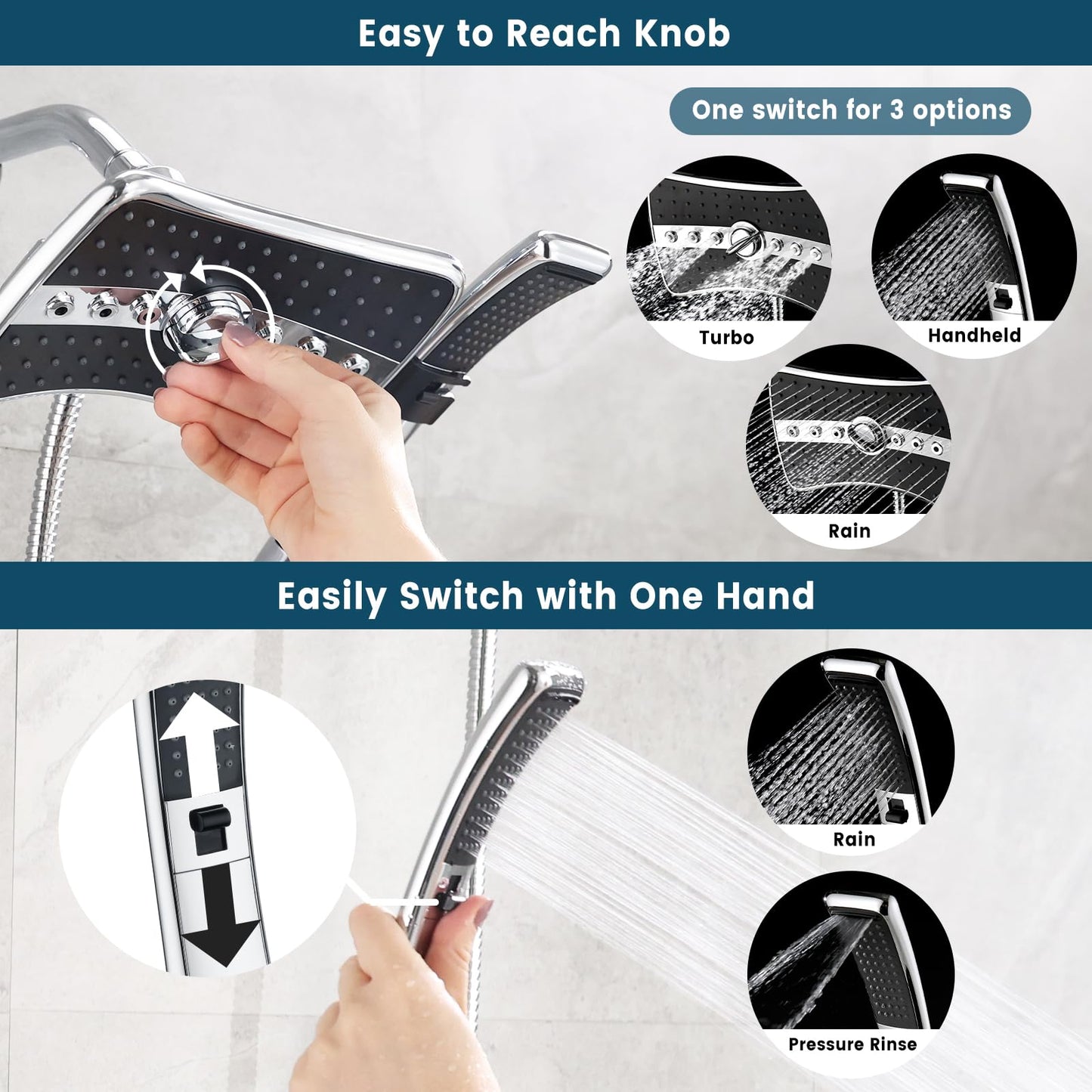 BRIGHT SHOWERS High Pressure Dual Shower Head Combo, Handheld Showerhead Rainfall Shower Head Combo with Black Face, 60 Inch Long Stainless Steel Shower Hose, Chrome
