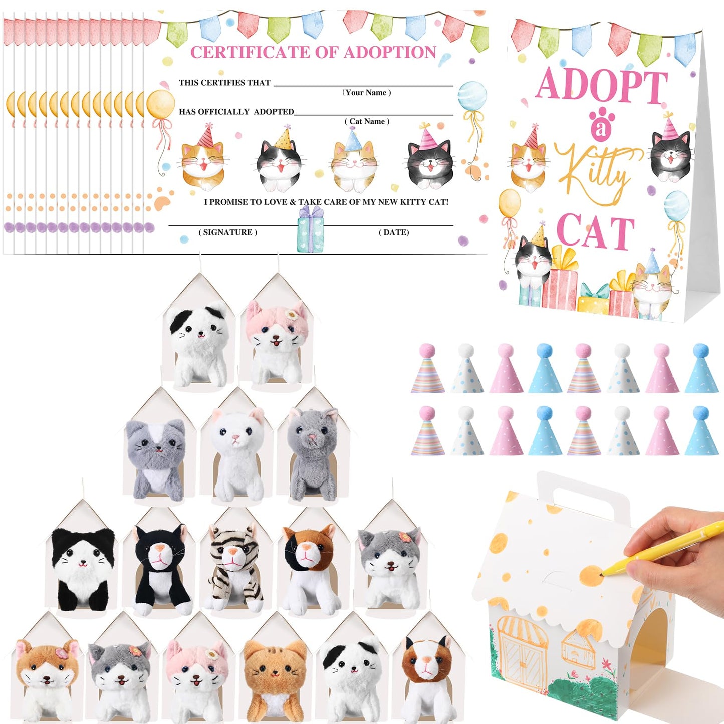 Cinnvoice 65 Pcs Adopt a Cat Party Favors, 16 Stuffed Cat Animals 16 Boxes 16 Cute Birthday Hats 16 Adoption Certificate Card 1 Adoption Sign for Adopt a Pet Party Favor Supplies (House,White)