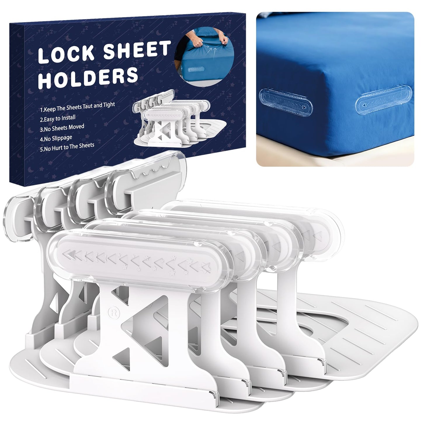 OYORL No-Lift Bed Sheet Holders for Thick Mattresses, Triangle Sheet Straps Keep Sheets in Place All Night, Upgraded Mattress Clips with Fabric-Safe Grippers, Fitted Sheet Fasteners 4Pcs（White）